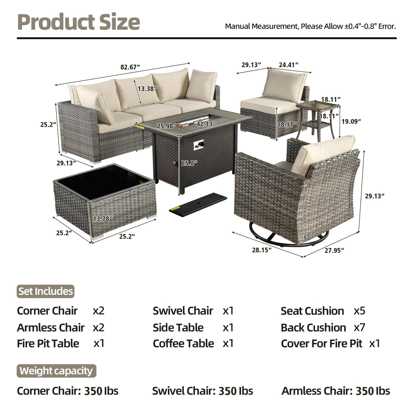 Ensemble de 8 chaises pivotantes en osier pour patio extérieur XIZZI avec table et foyer