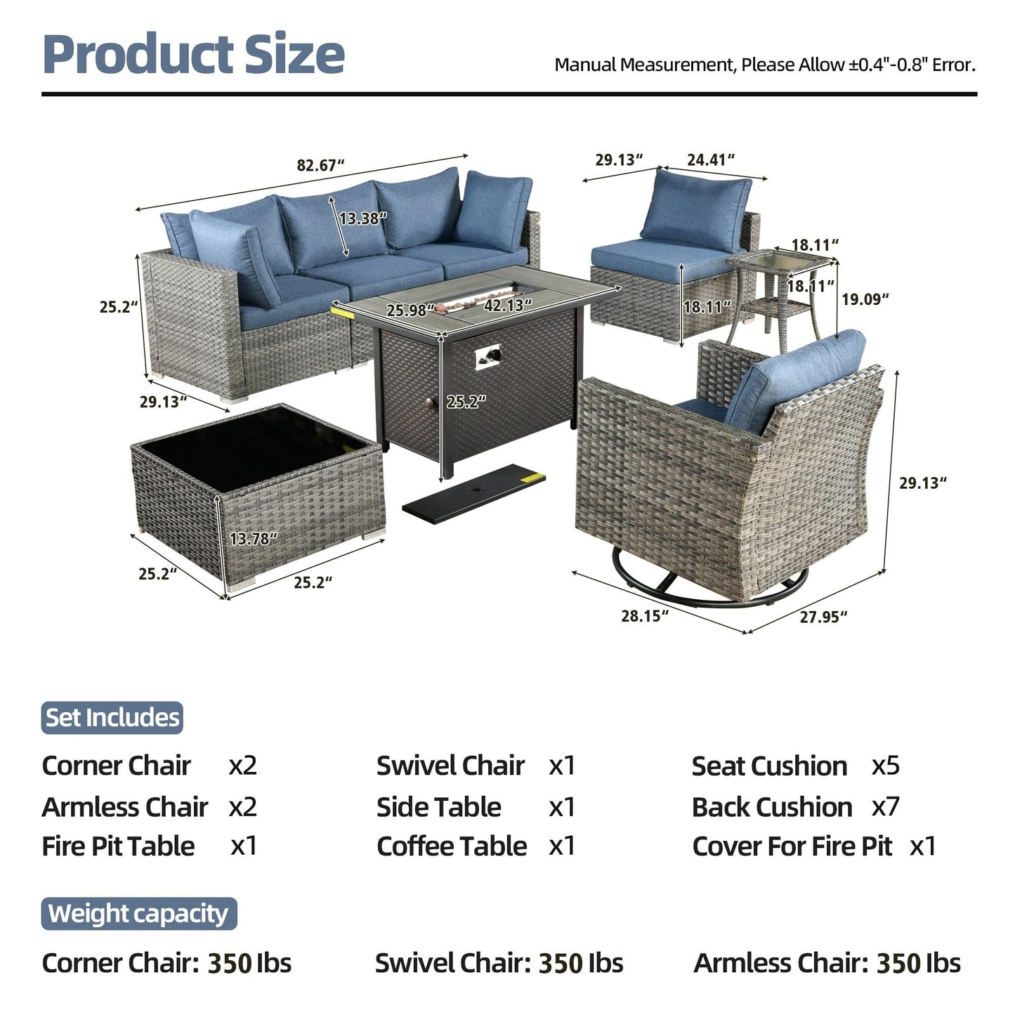 Ensemble de 8 chaises pivotantes en osier pour patio extérieur XIZZI avec table et foyer