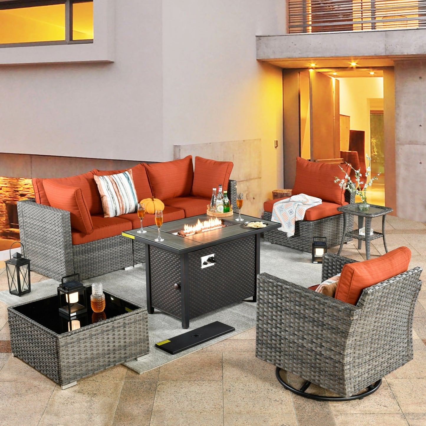 Ensemble de 8 chaises pivotantes en osier pour patio extérieur XIZZI avec table et foyer