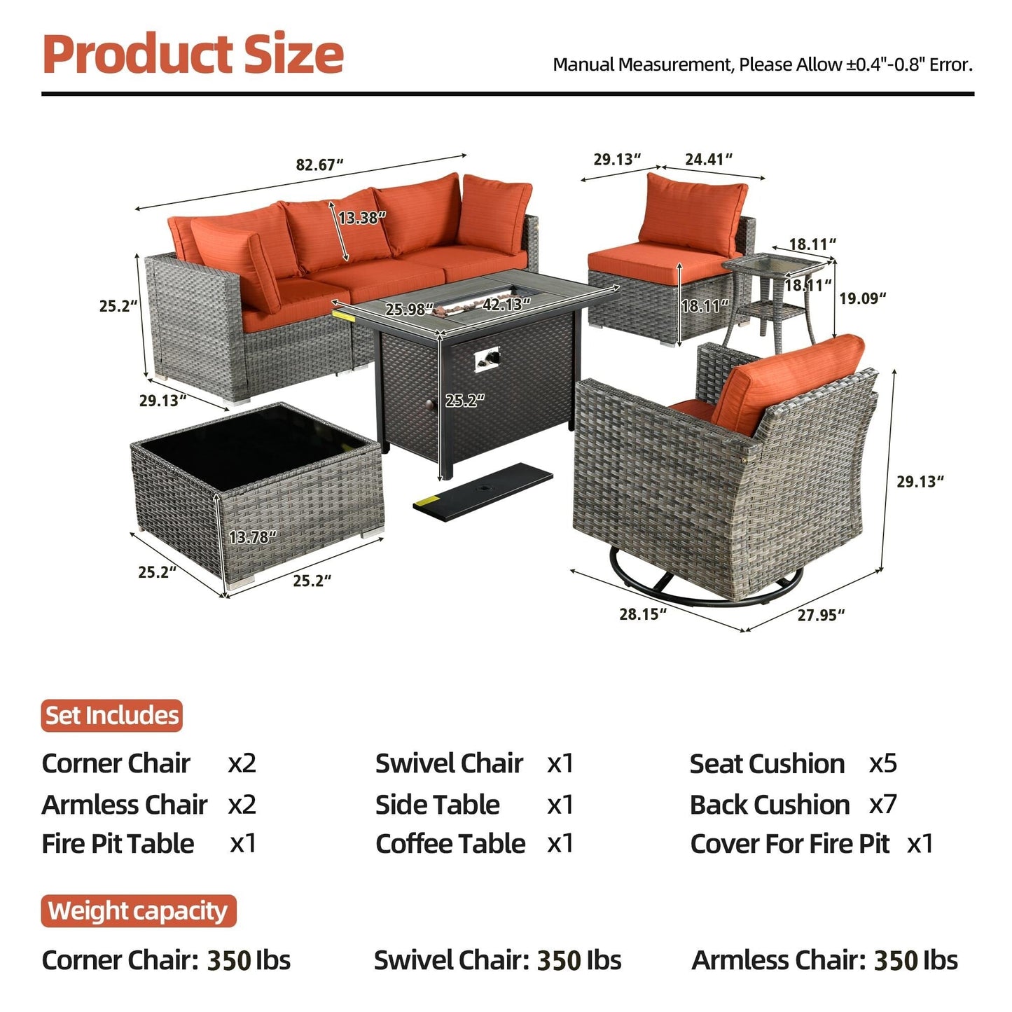 Ensemble de 8 chaises pivotantes en osier pour patio extérieur XIZZI avec table et foyer