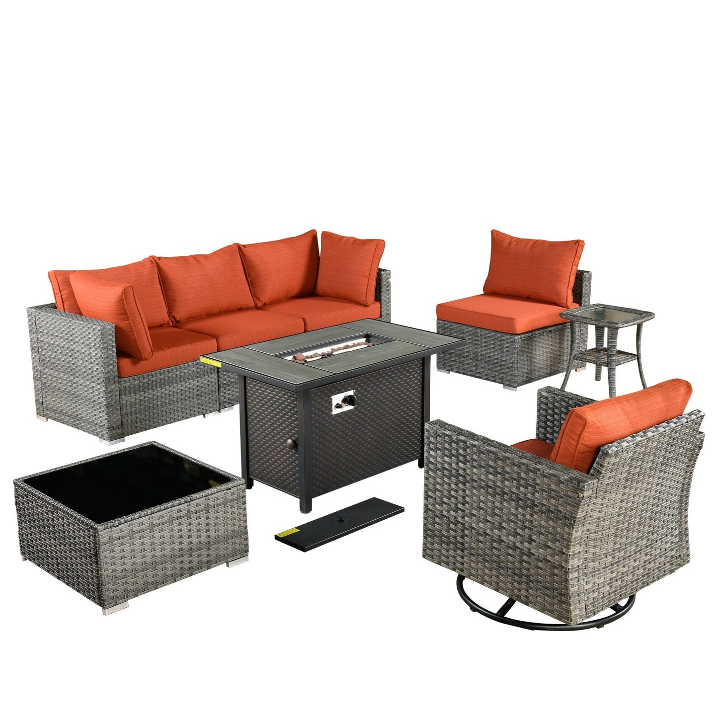 Ensemble de 8 chaises pivotantes en osier pour patio extérieur XIZZI avec table et foyer