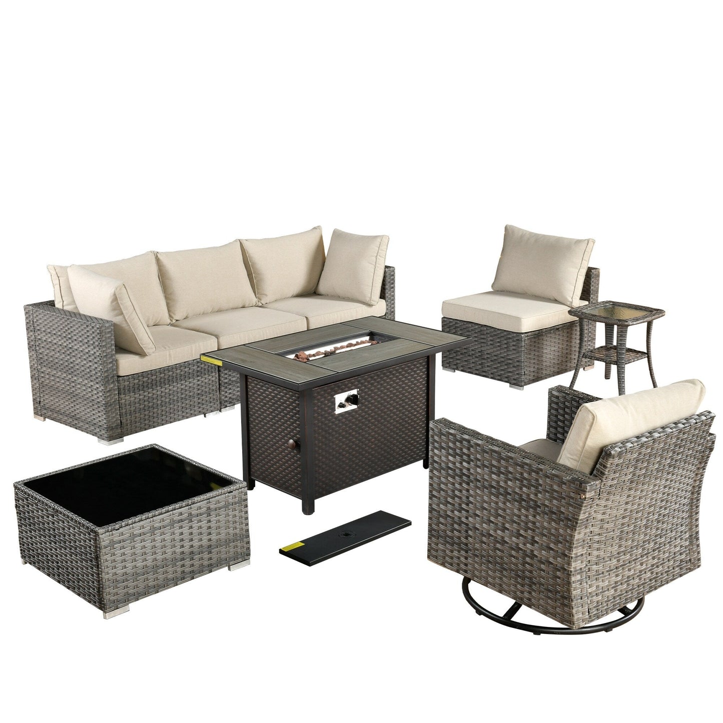 Ensemble de 8 chaises pivotantes en osier pour patio extérieur XIZZI avec table et foyer