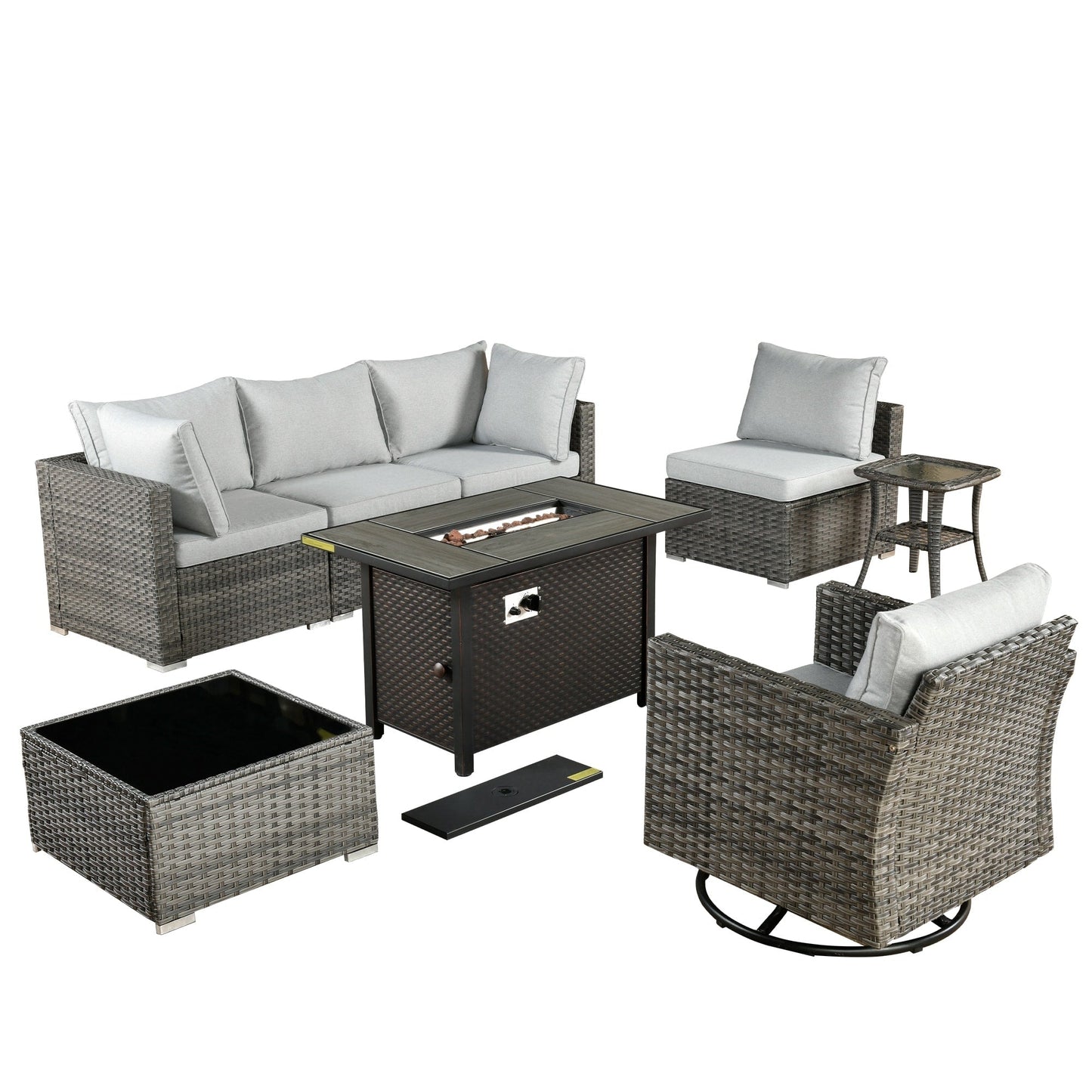 Ensemble de 8 chaises pivotantes en osier pour patio extérieur XIZZI avec table et foyer