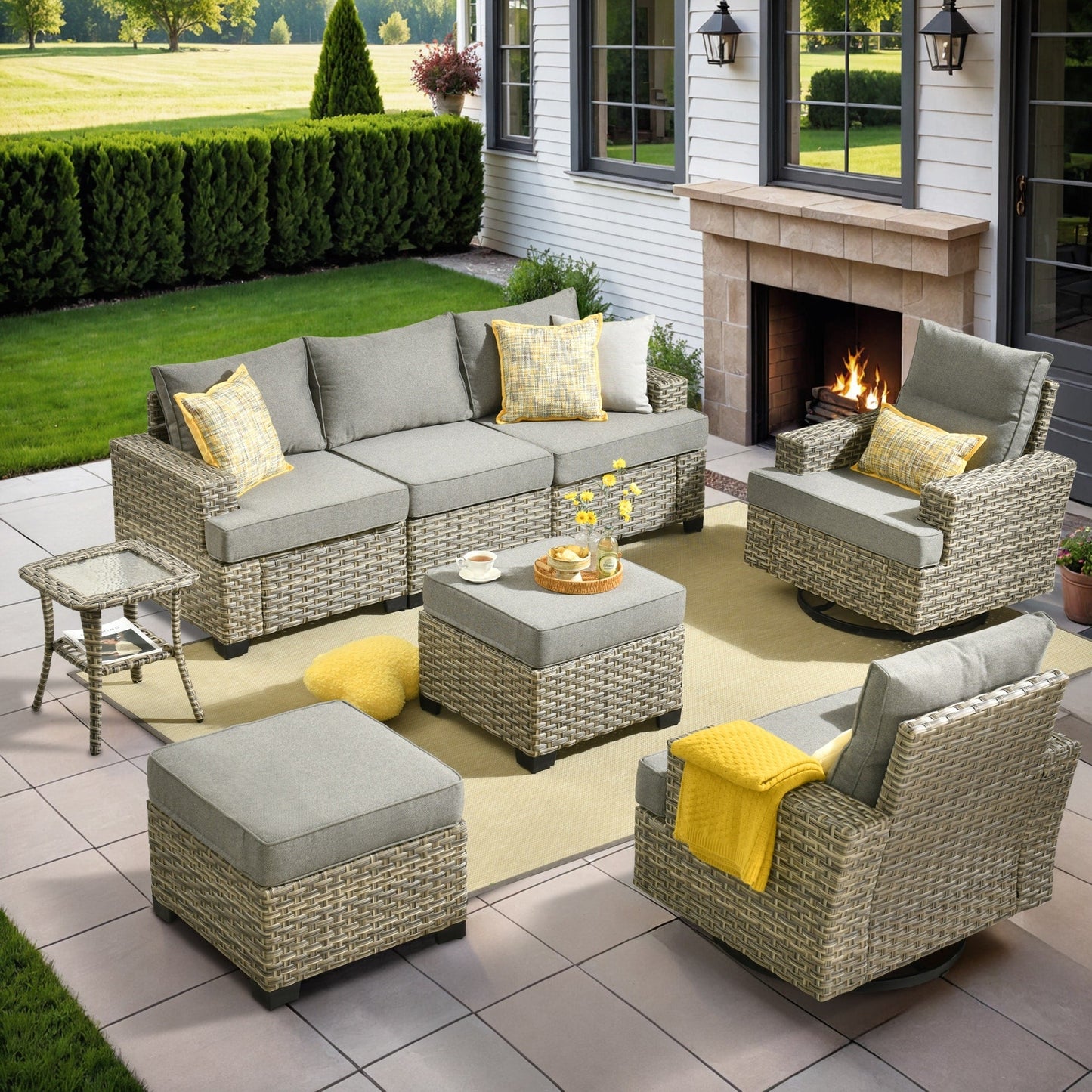 Ensemble de meubles de patio en osier XIZZI 8 pièces avec chaises pivotantes