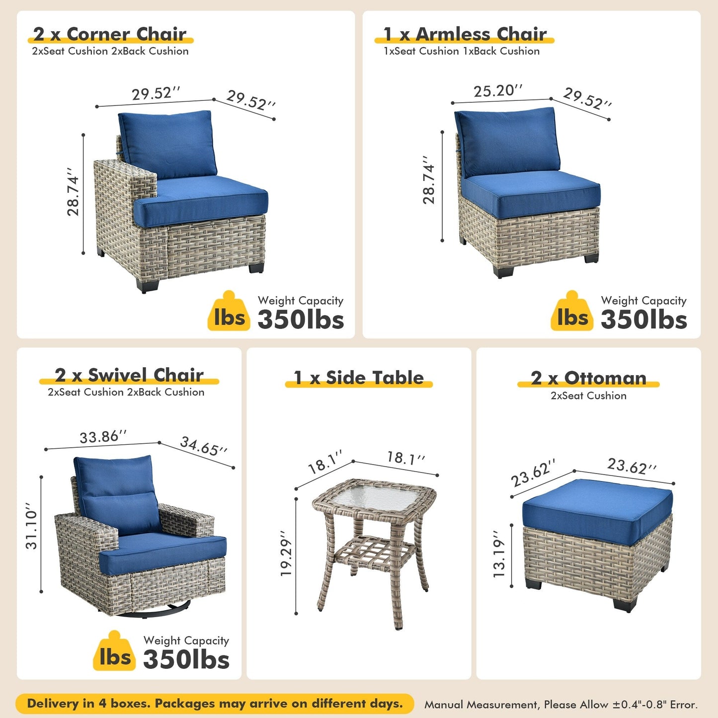 Ensemble de meubles de patio en osier XIZZI 8 pièces avec chaises pivotantes