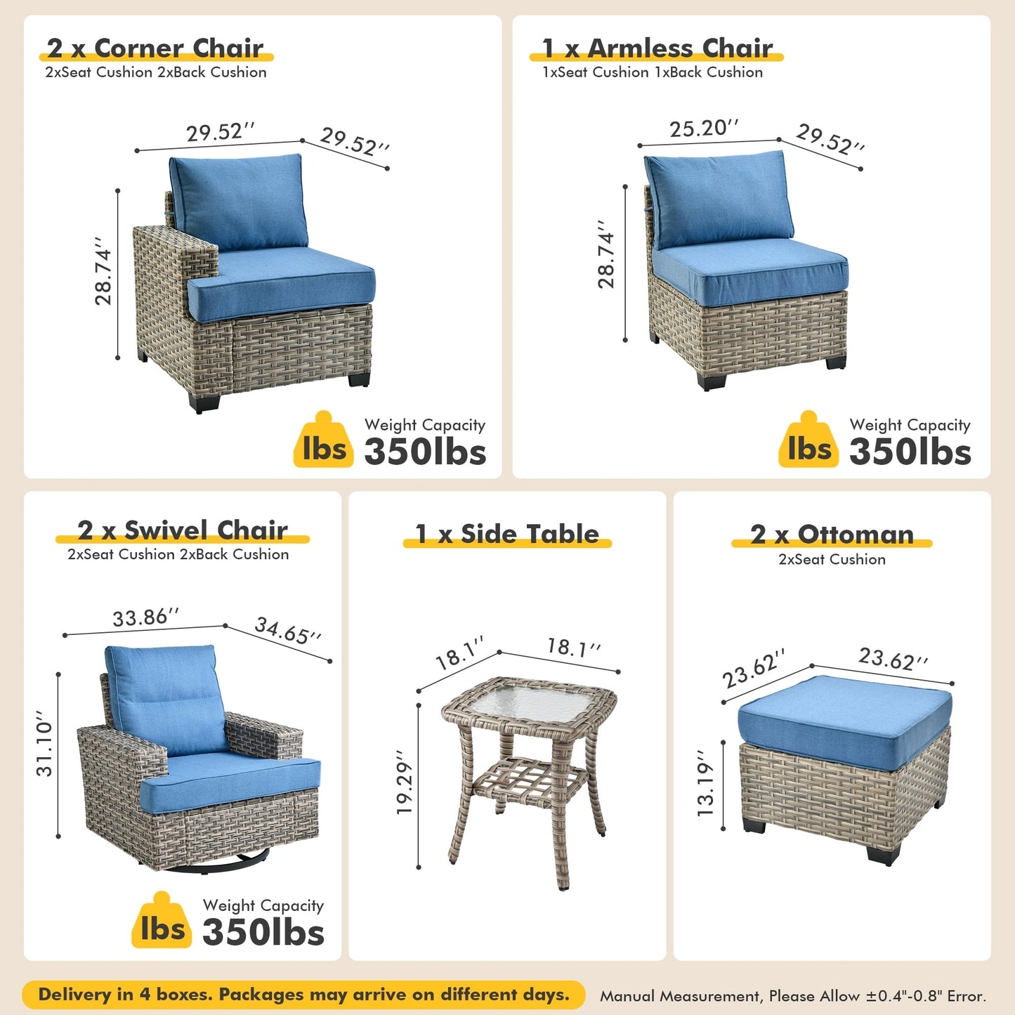 Ensemble de meubles de patio en osier XIZZI 8 pièces avec chaises pivotantes