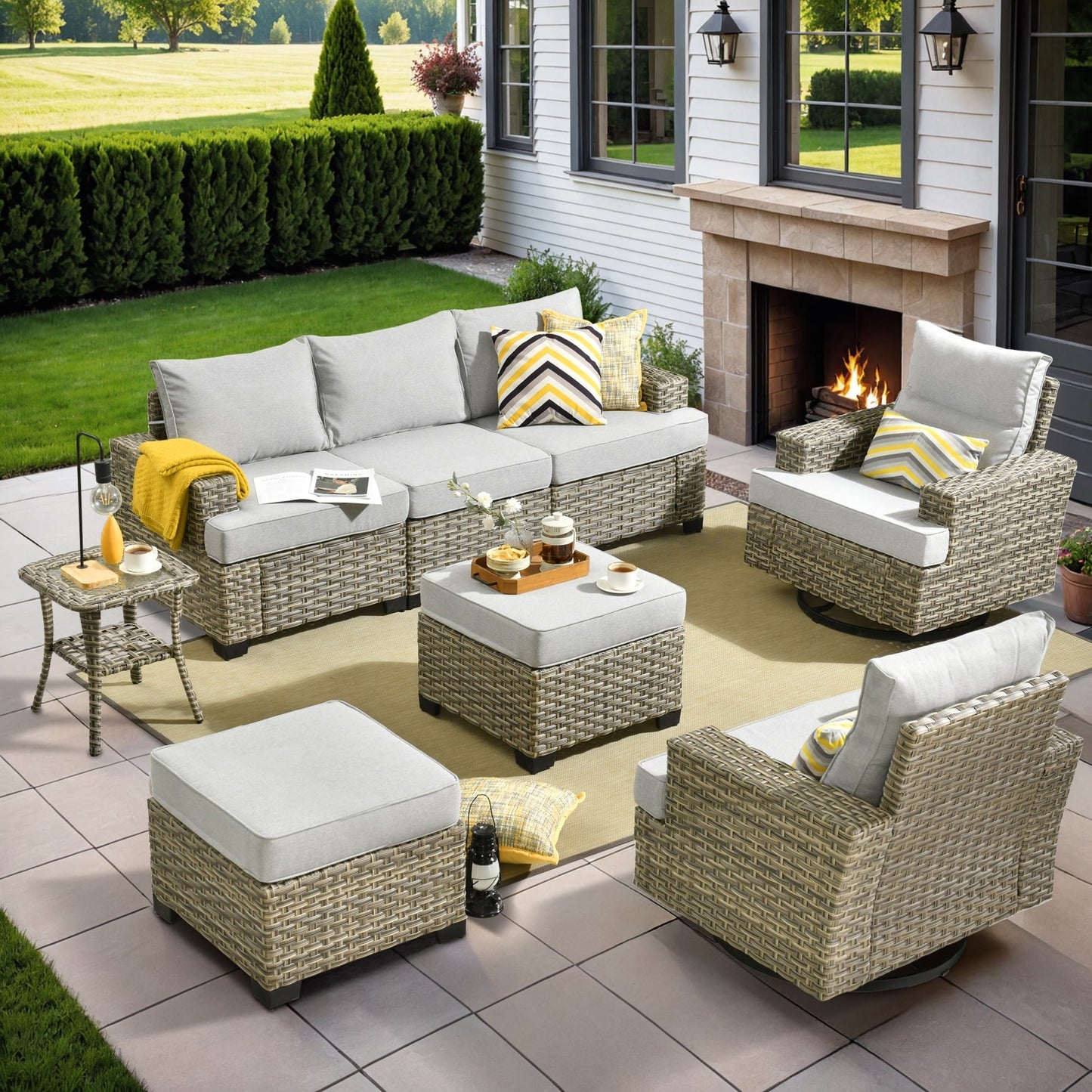Ensemble de meubles de patio en osier XIZZI 8 pièces avec chaises pivotantes