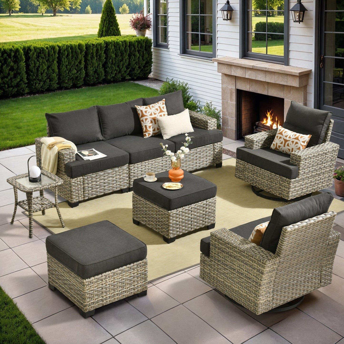 Ensemble de meubles de patio en osier XIZZI 8 pièces avec chaises pivotantes