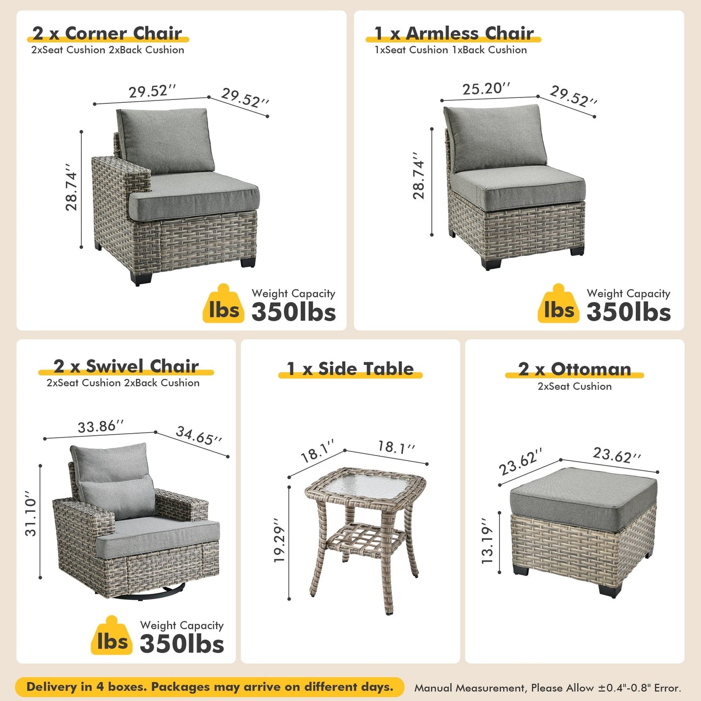 Ensemble de meubles de patio en osier XIZZI 8 pièces avec chaises pivotantes
