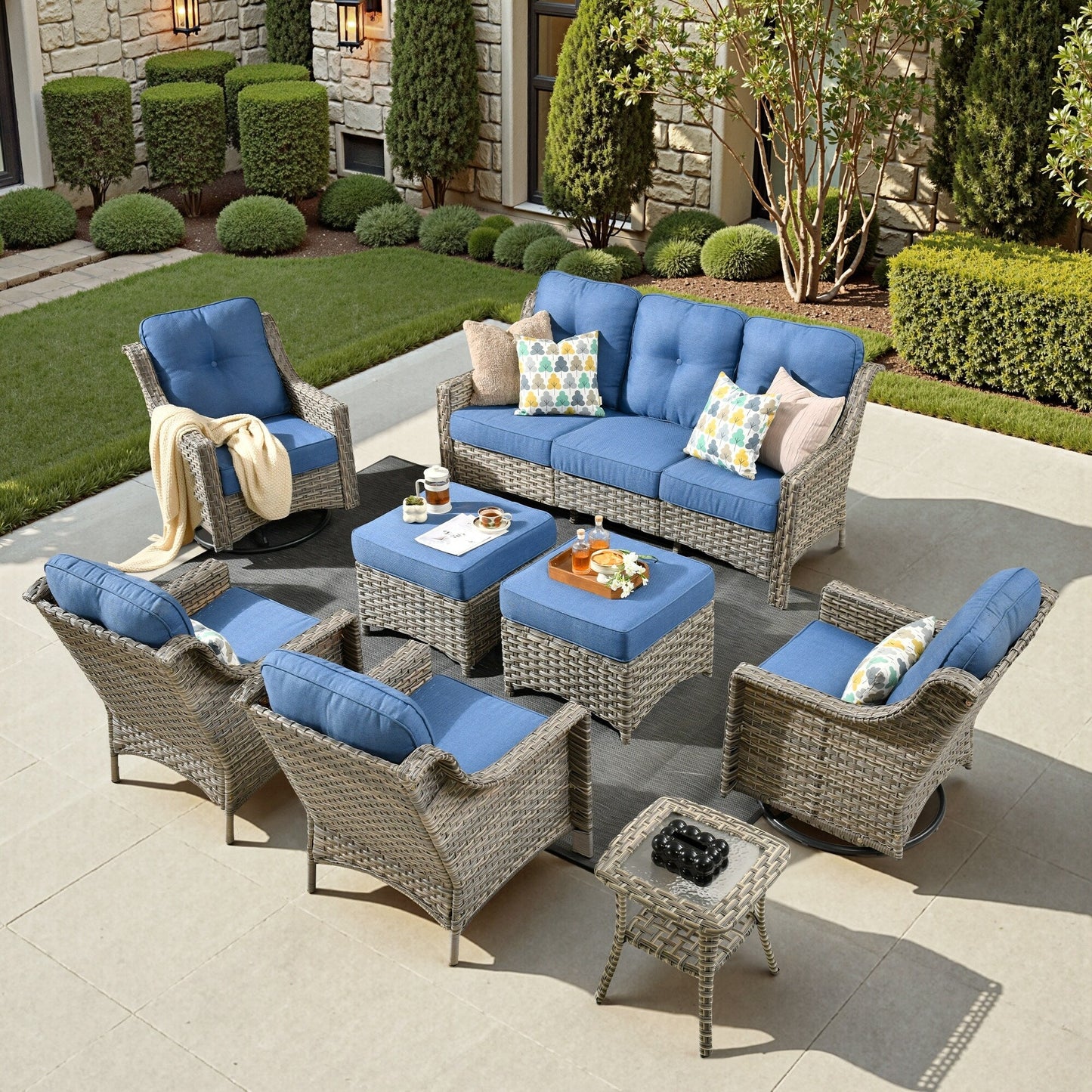 Ensemble de meubles de patio XIZZI 8 pièces en osier avec chaises pivotantes