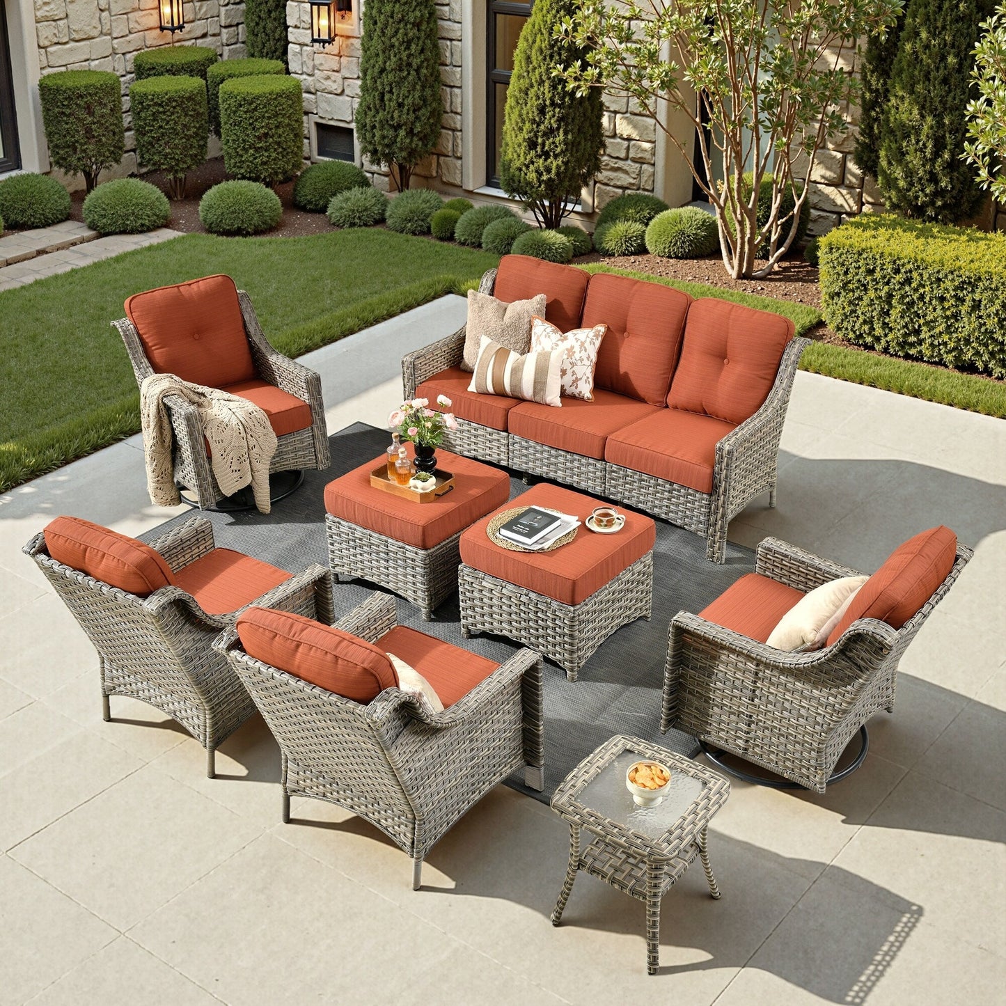 Ensemble de meubles de patio XIZZI 8 pièces en osier avec chaises pivotantes