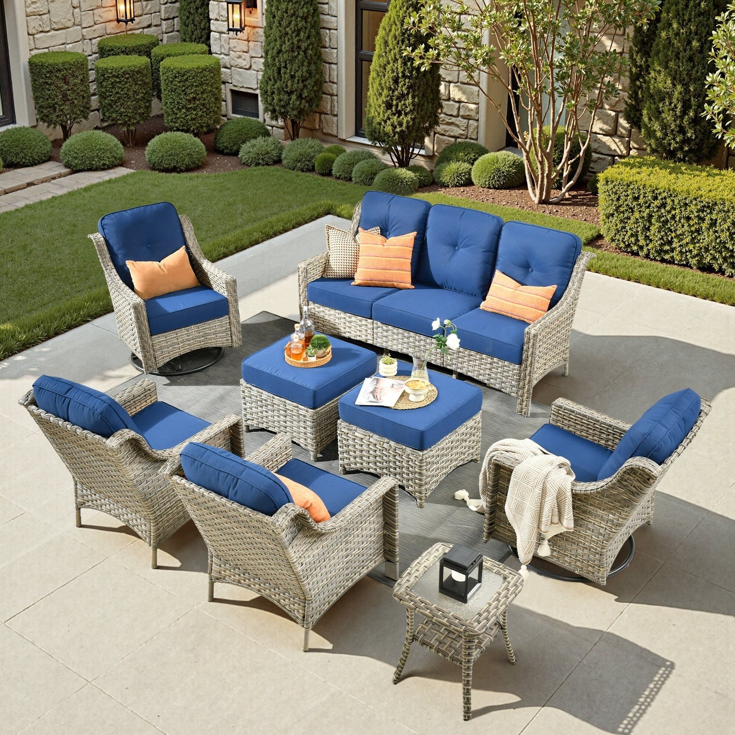 Ensemble de meubles de patio XIZZI 8 pièces en osier avec chaises pivotantes