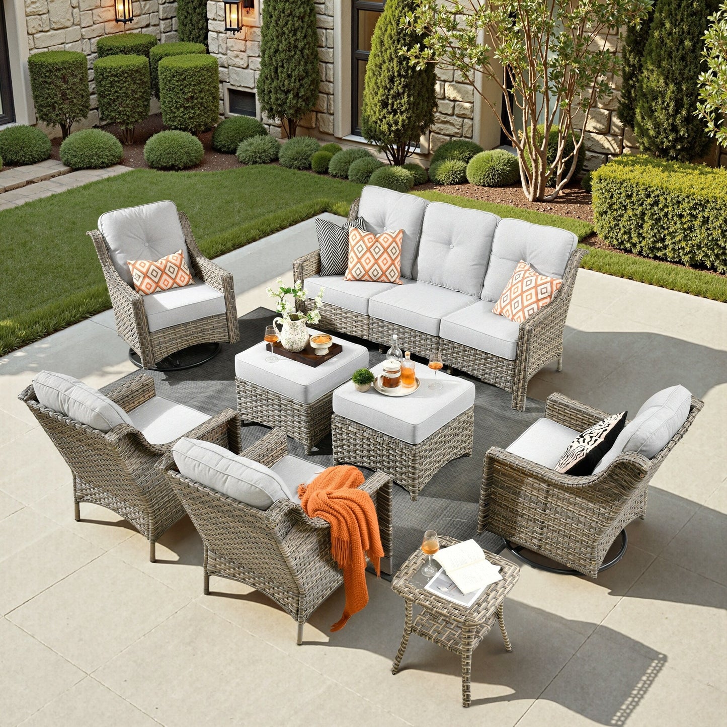 Ensemble de meubles de patio XIZZI 8 pièces en osier avec chaises pivotantes