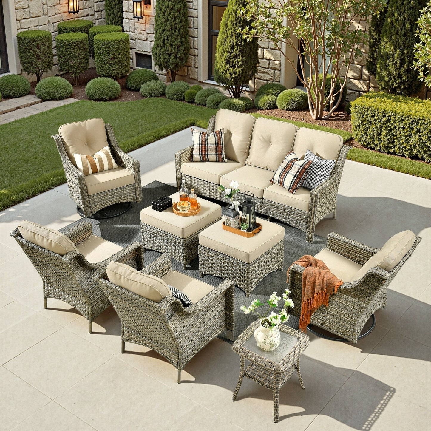 Ensemble de meubles de patio XIZZI 8 pièces en osier avec chaises pivotantes