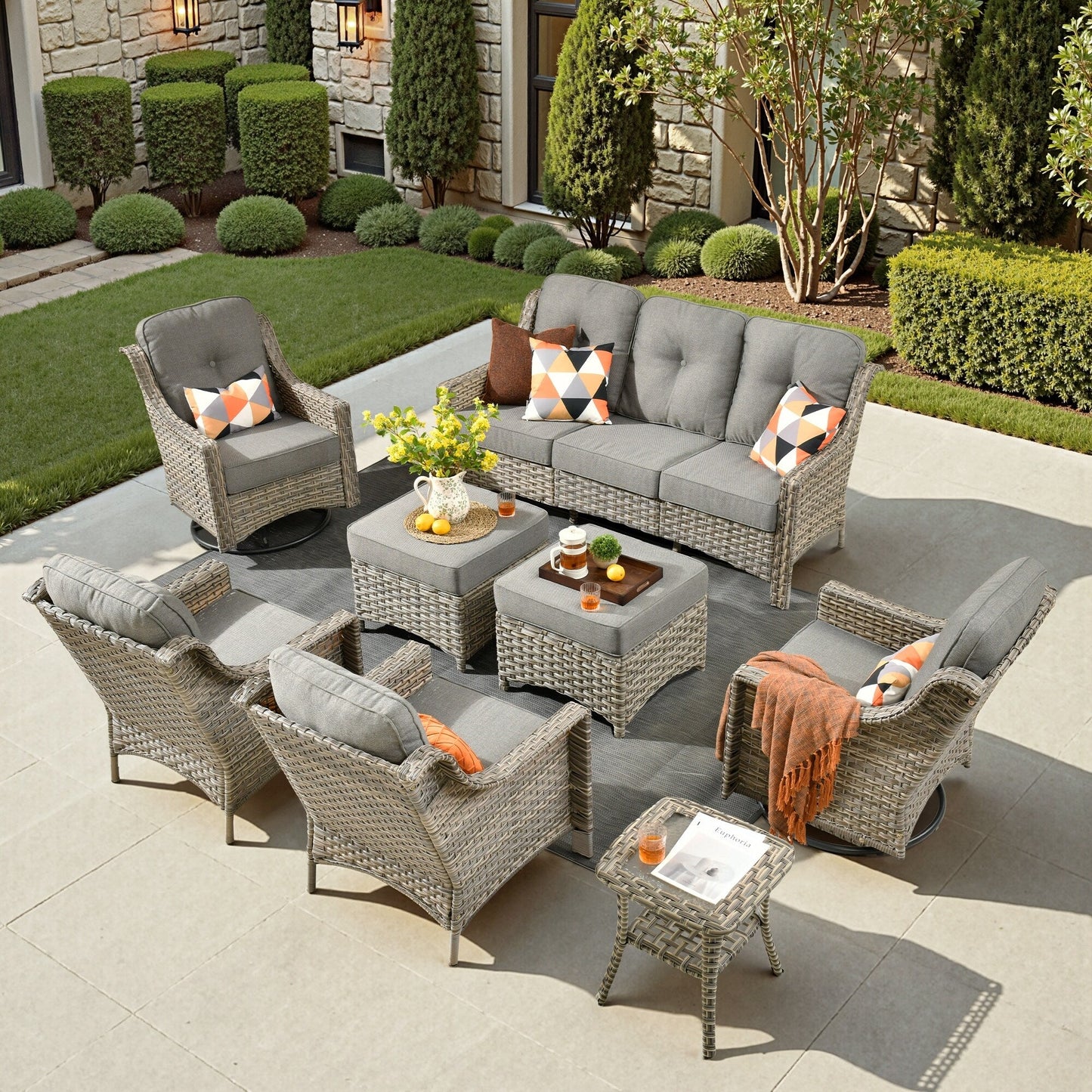 Ensemble de meubles de patio XIZZI 8 pièces en osier avec chaises pivotantes