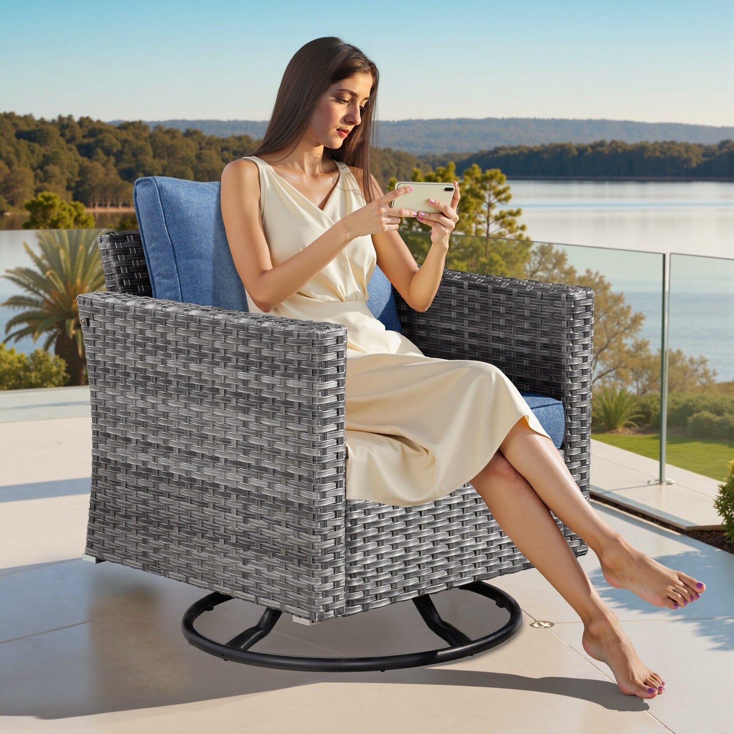 Ensemble de 8 chaises pivotantes en osier pour patio extérieur XIZZI avec table et foyer