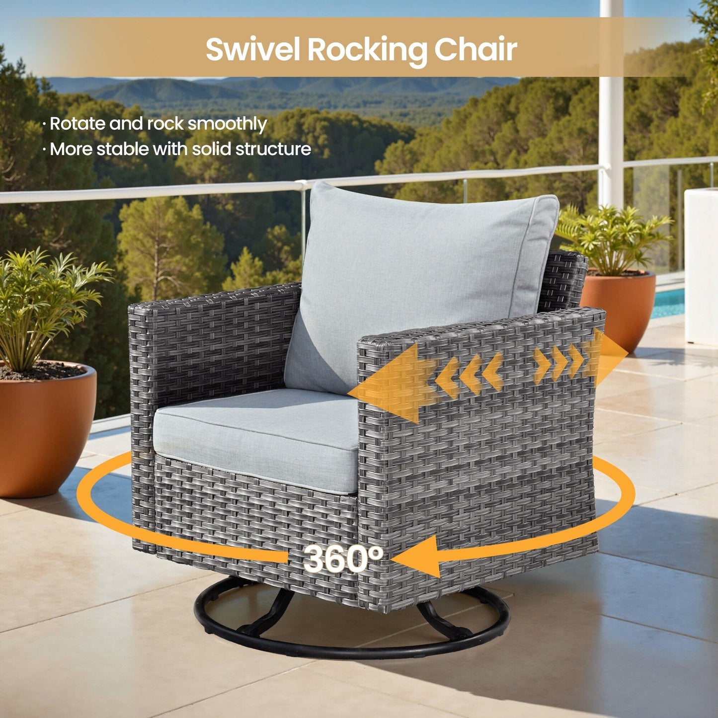 Ensemble de 8 chaises pivotantes en osier pour patio extérieur XIZZI avec table et foyer