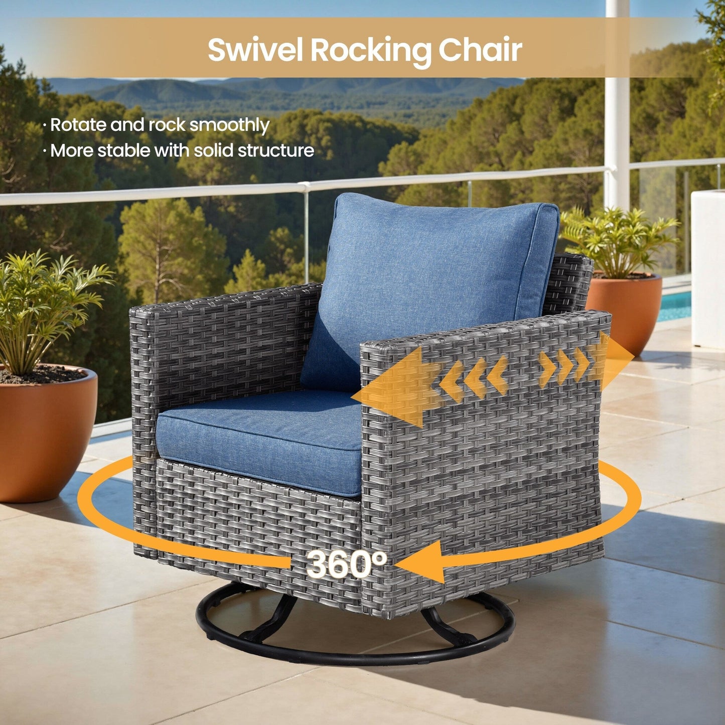 Ensemble de 8 chaises pivotantes en osier pour patio extérieur XIZZI avec table et foyer
