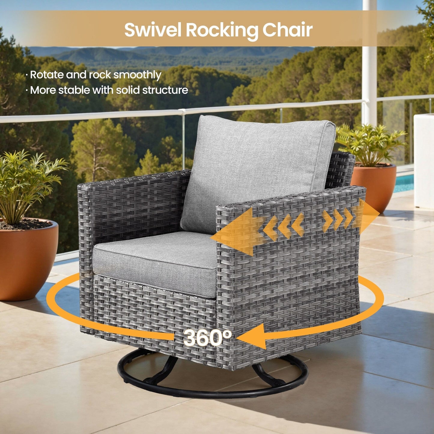 Ensemble de 8 chaises pivotantes en osier pour patio extérieur XIZZI avec table et foyer