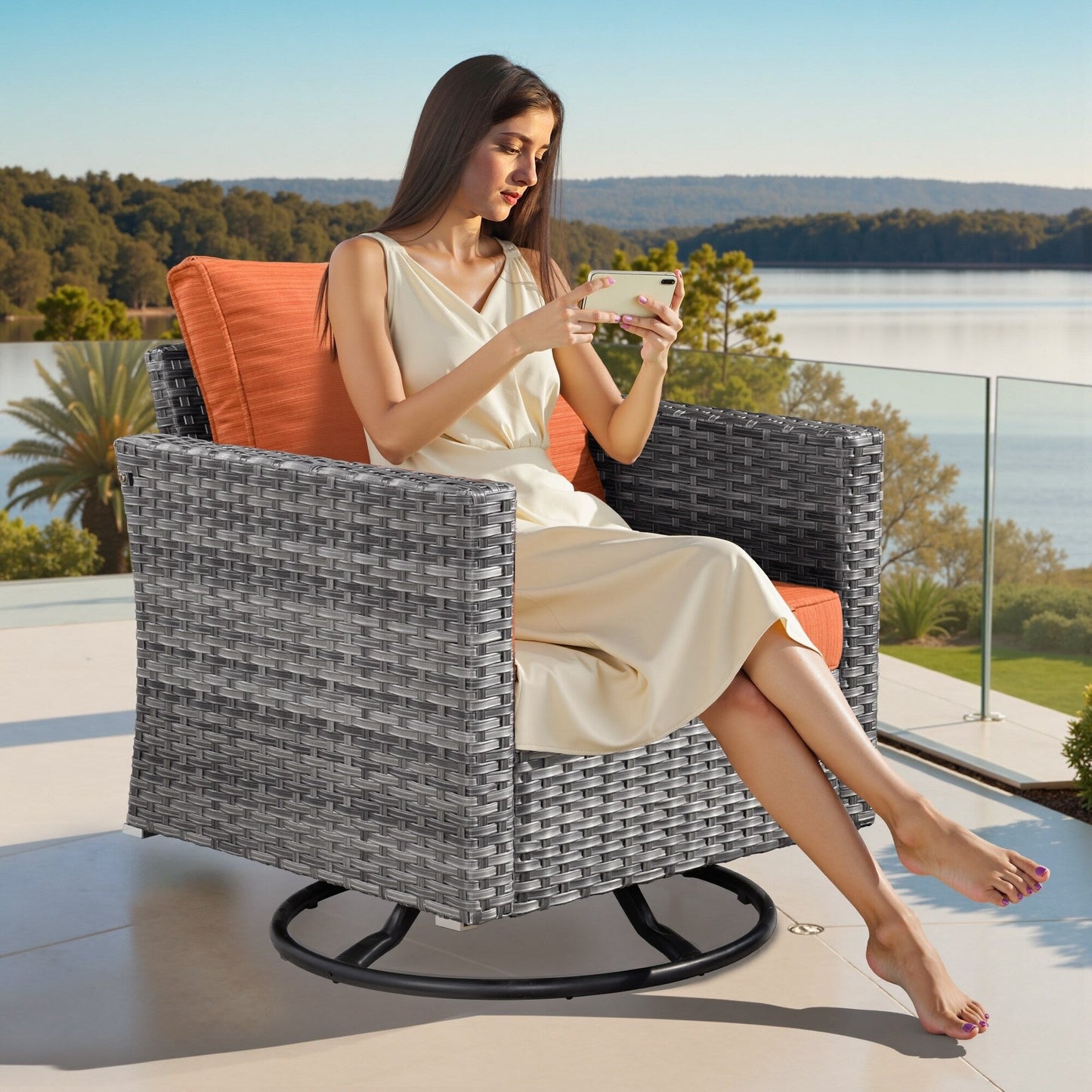 Ensemble de 8 chaises pivotantes en osier pour patio extérieur XIZZI avec table et foyer