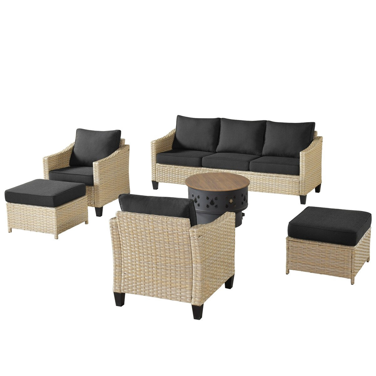 Meubles de patio en osier XIZZI 6 pièces avec foyer à bois