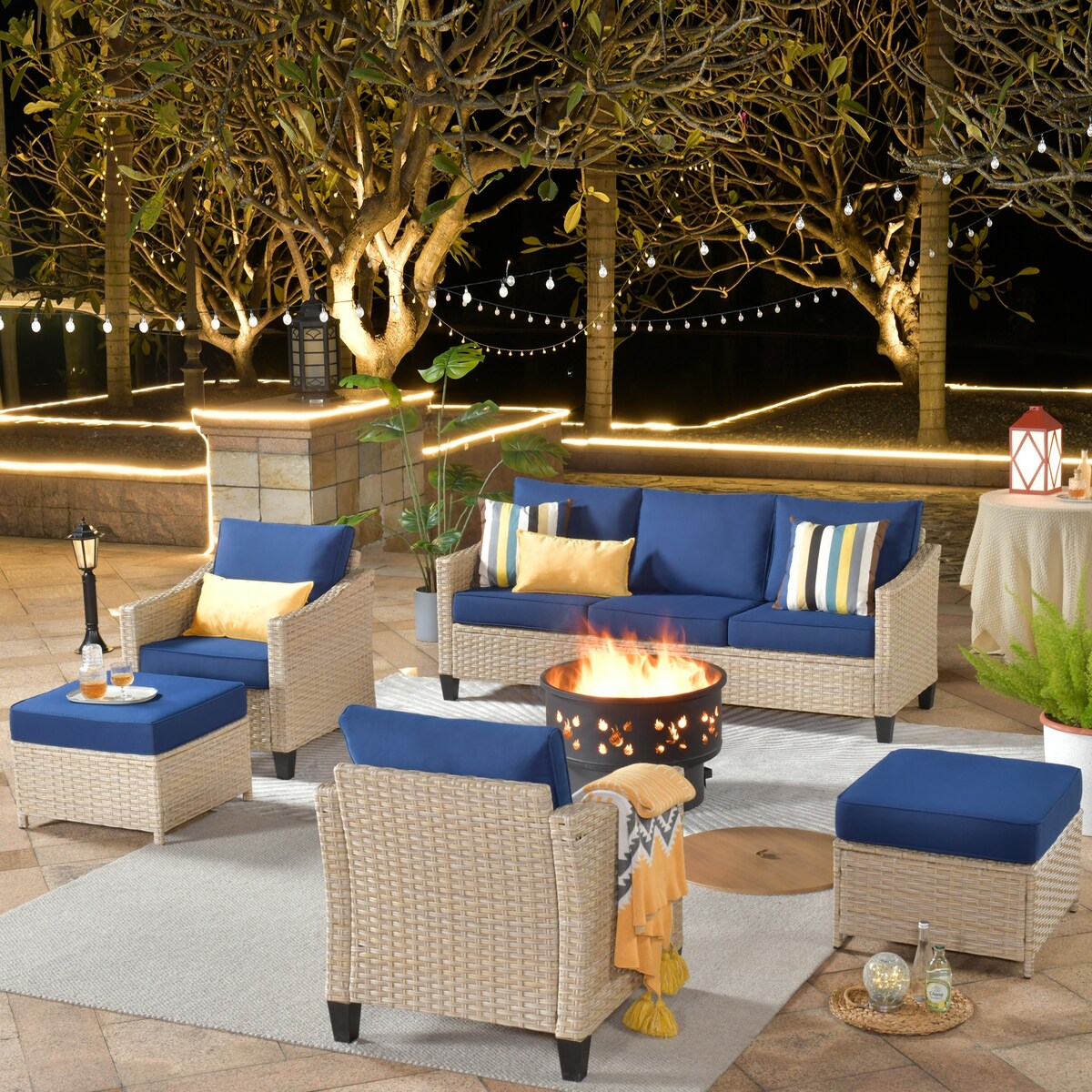 Meubles de patio en osier XIZZI 6 pièces avec foyer à bois