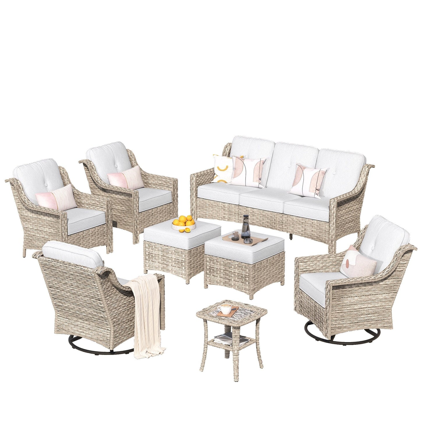 Ensemble de meubles de patio XIZZI 8 pièces en osier avec chaises pivotantes