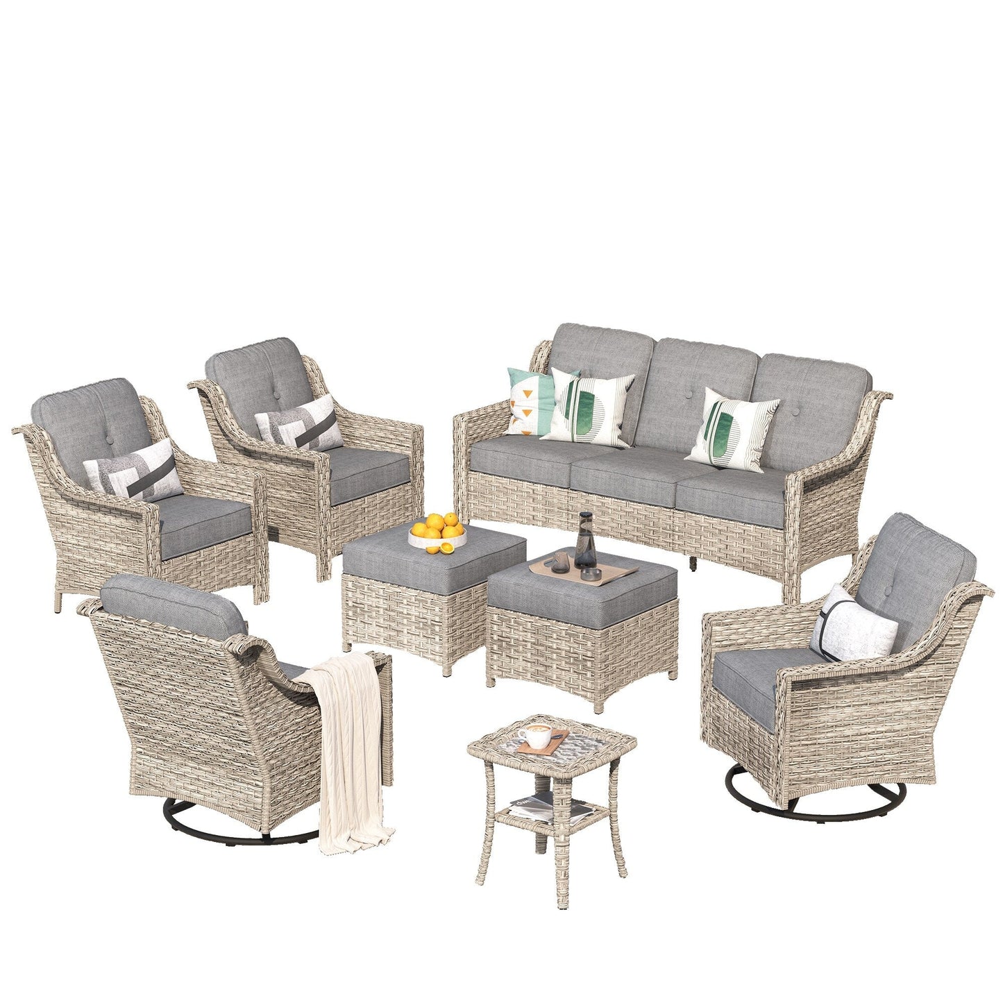 Ensemble de meubles de patio XIZZI 8 pièces en osier avec chaises pivotantes