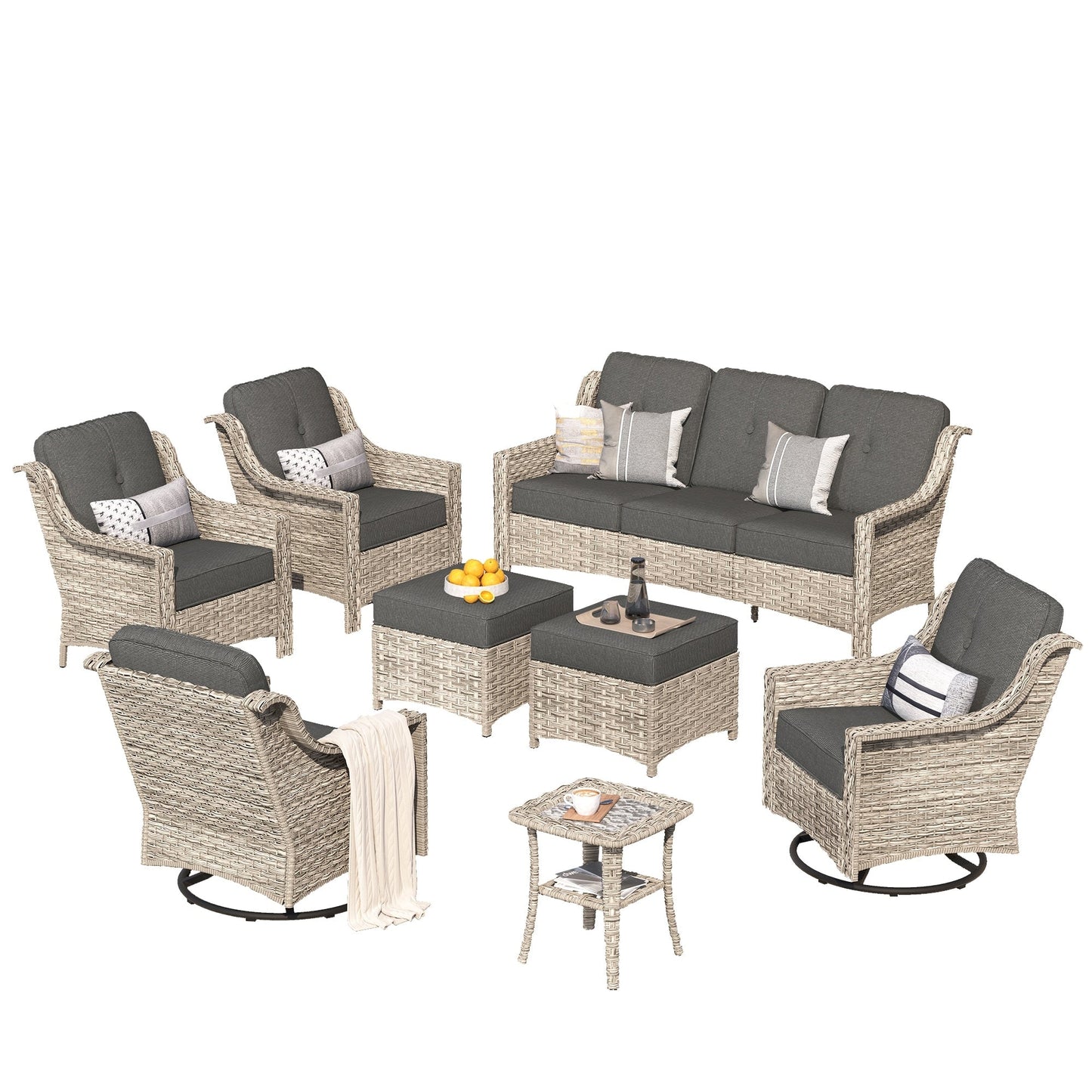 Ensemble de meubles de patio XIZZI 8 pièces en osier avec chaises pivotantes
