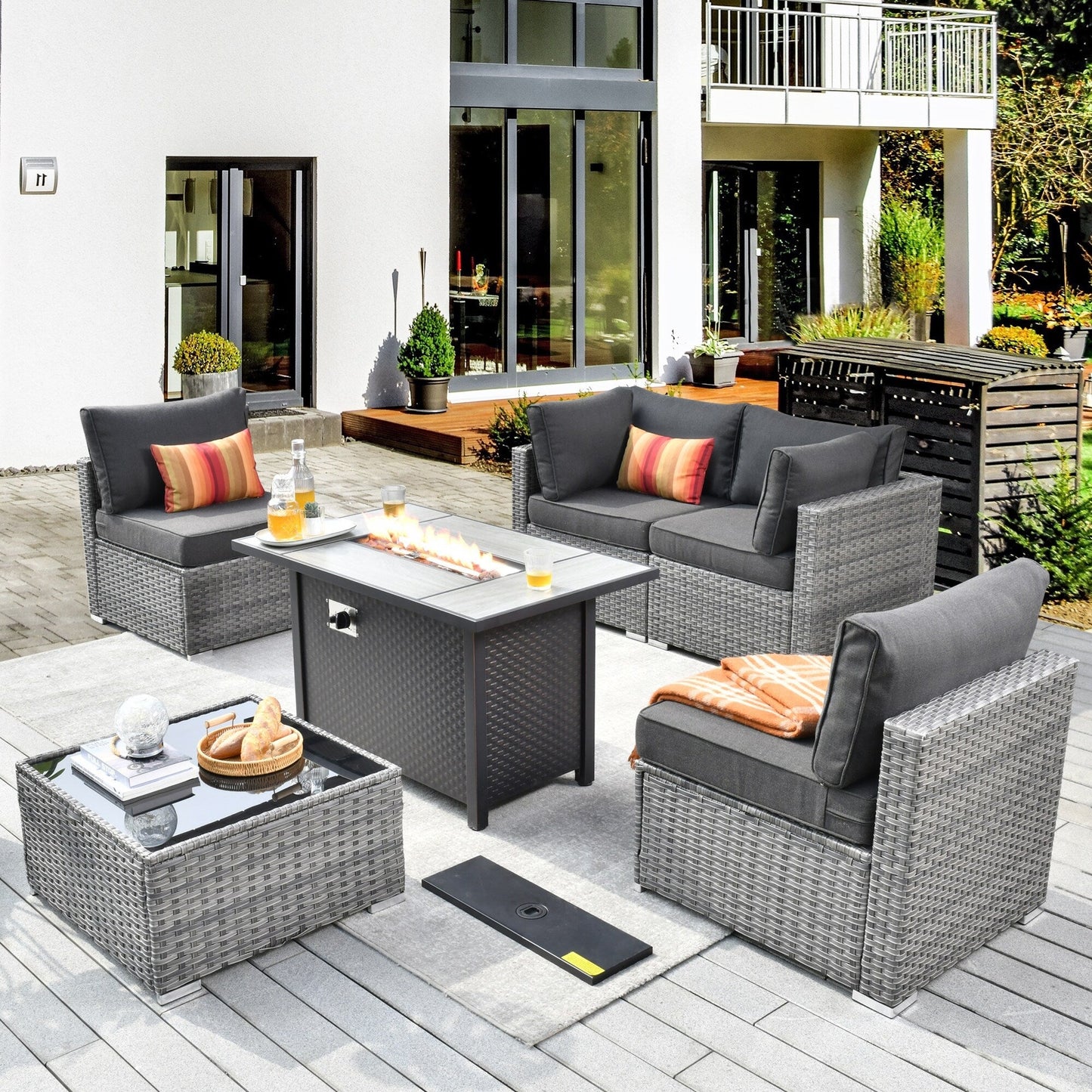 Ensemble de meubles de patio XIZZI 6 pièces, canapé d'extérieur en rotin avec foyer