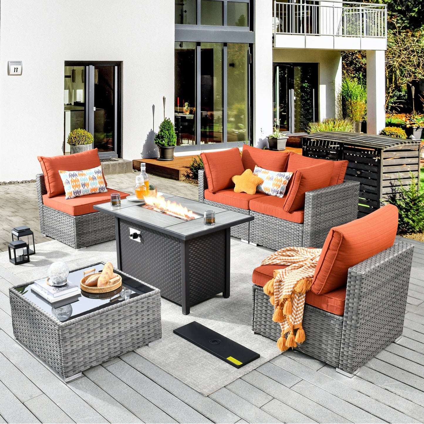 Ensemble de meubles de patio XIZZI 6 pièces, canapé d'extérieur en rotin avec foyer