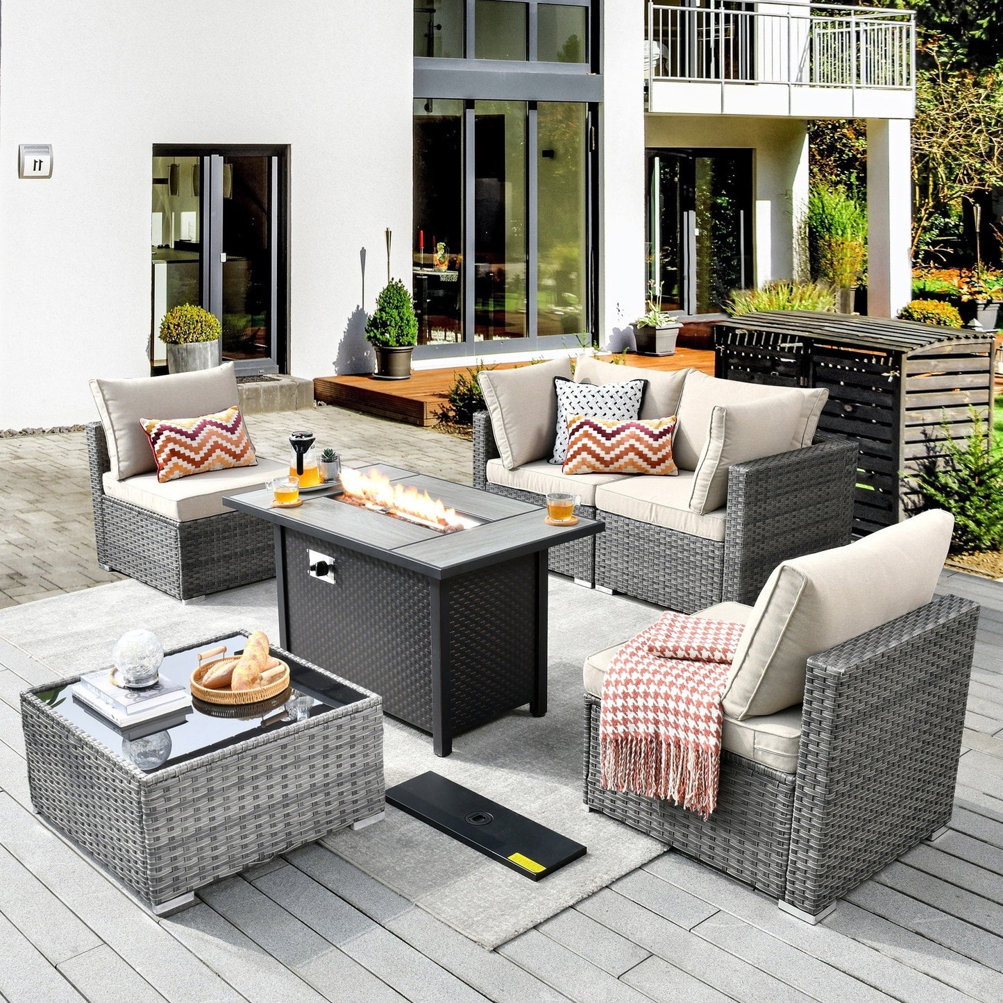 Ensemble de meubles de patio XIZZI 6 pièces, canapé d'extérieur en rotin avec foyer