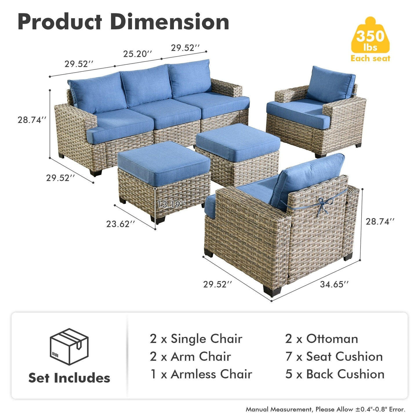 Ensemble de canapés de patio XIZZI 7 pièces avec accoudoirs larges et poufs