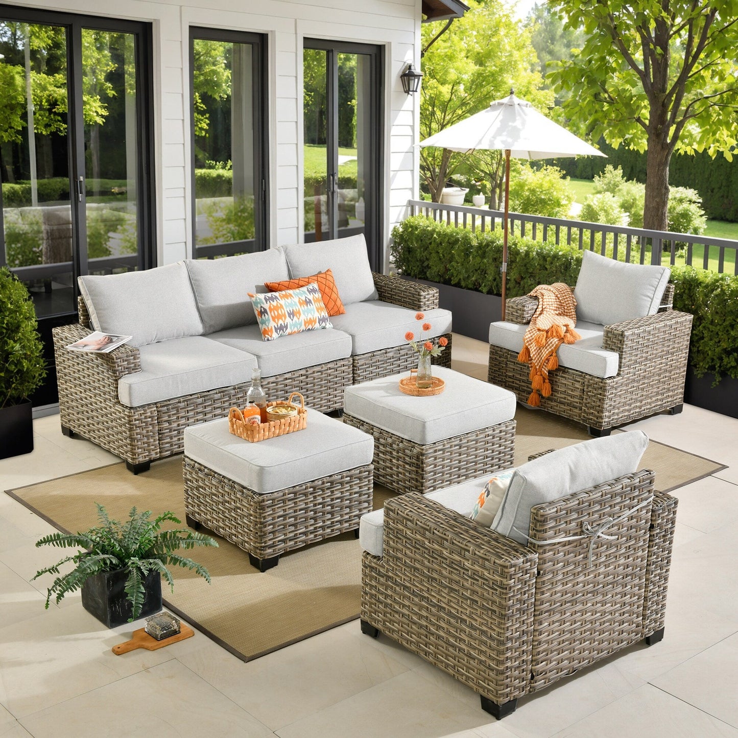 Ensemble de canapés de patio XIZZI 7 pièces avec accoudoirs larges et poufs