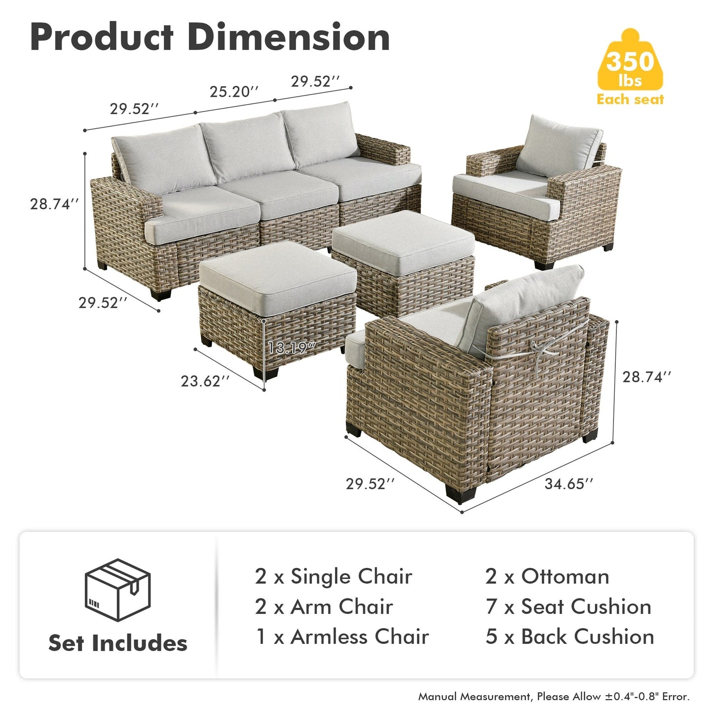 Ensemble de canapés de patio XIZZI 7 pièces avec accoudoirs larges et poufs