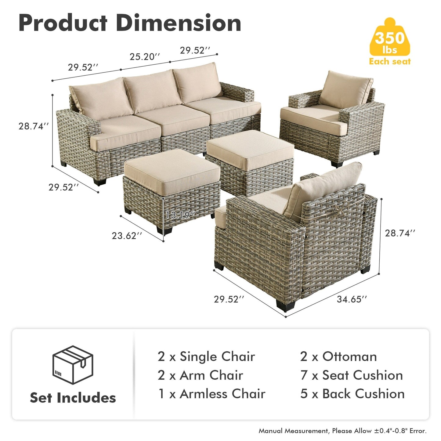 Ensemble de canapés de patio XIZZI 7 pièces avec accoudoirs larges et poufs
