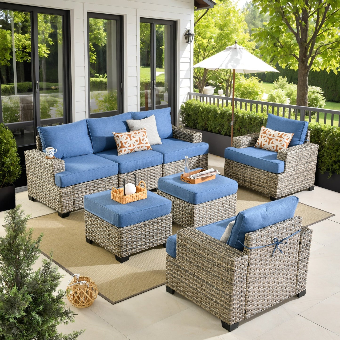 Ensemble de canapés de patio XIZZI 7 pièces avec accoudoirs larges et poufs