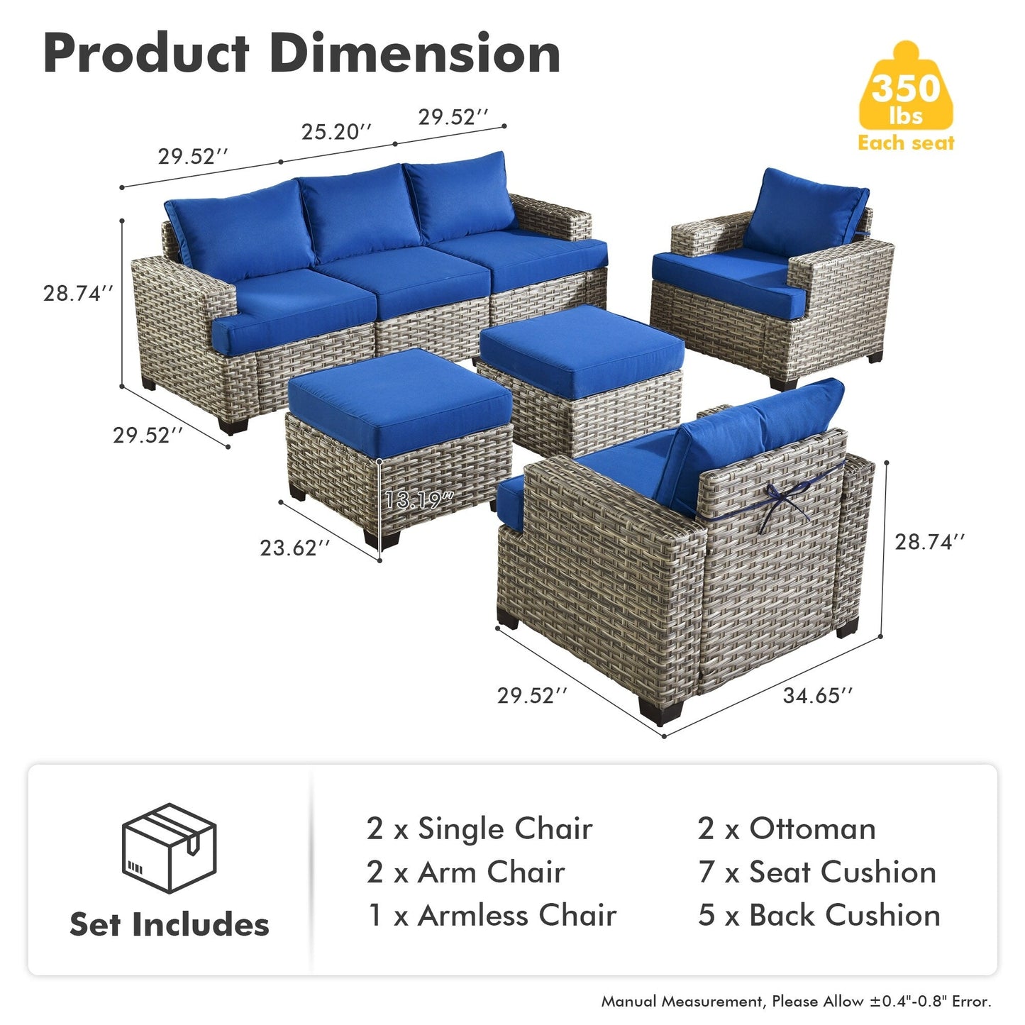 Ensemble de canapés de patio XIZZI 7 pièces avec accoudoirs larges et poufs