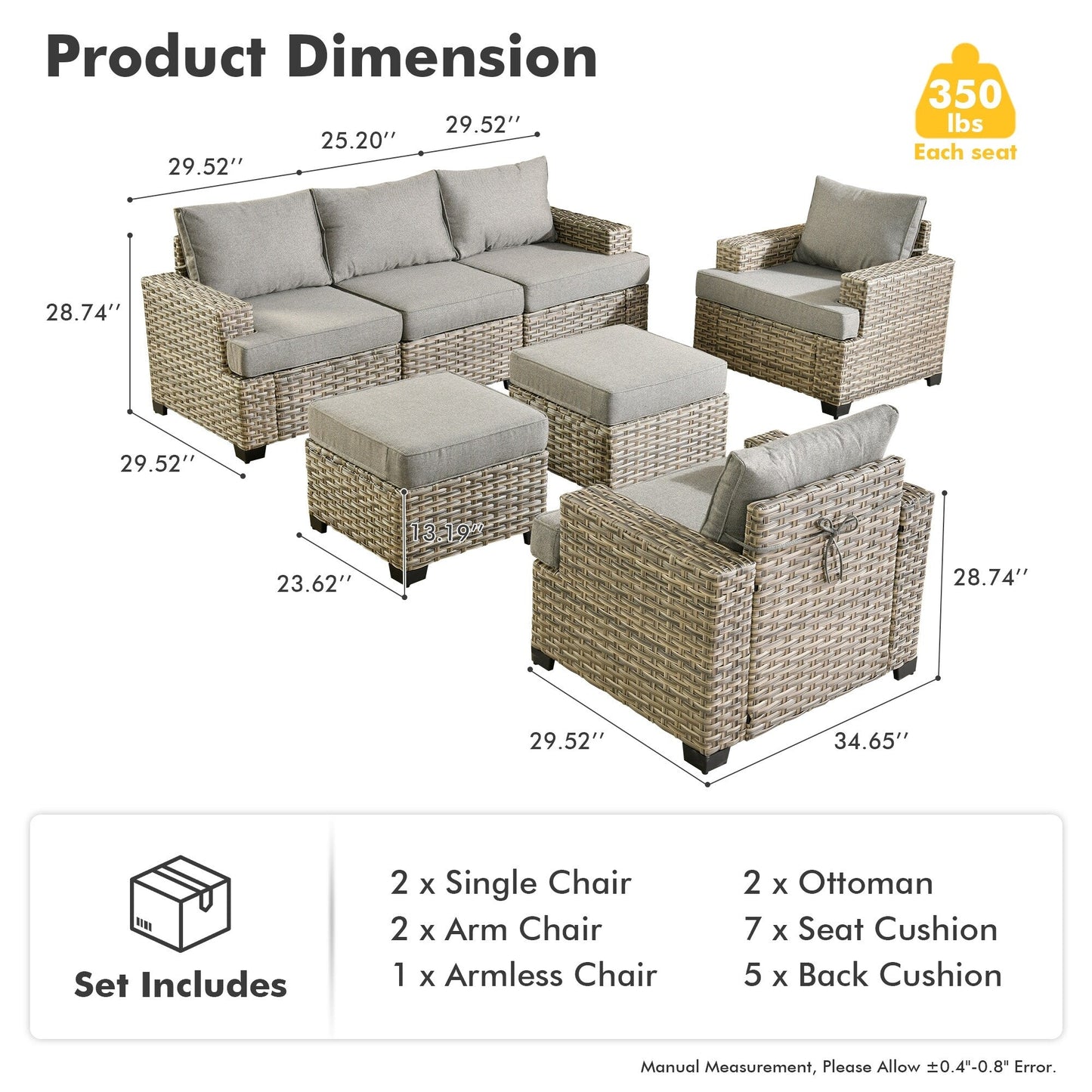 Ensemble de canapés de patio XIZZI 7 pièces avec accoudoirs larges et poufs