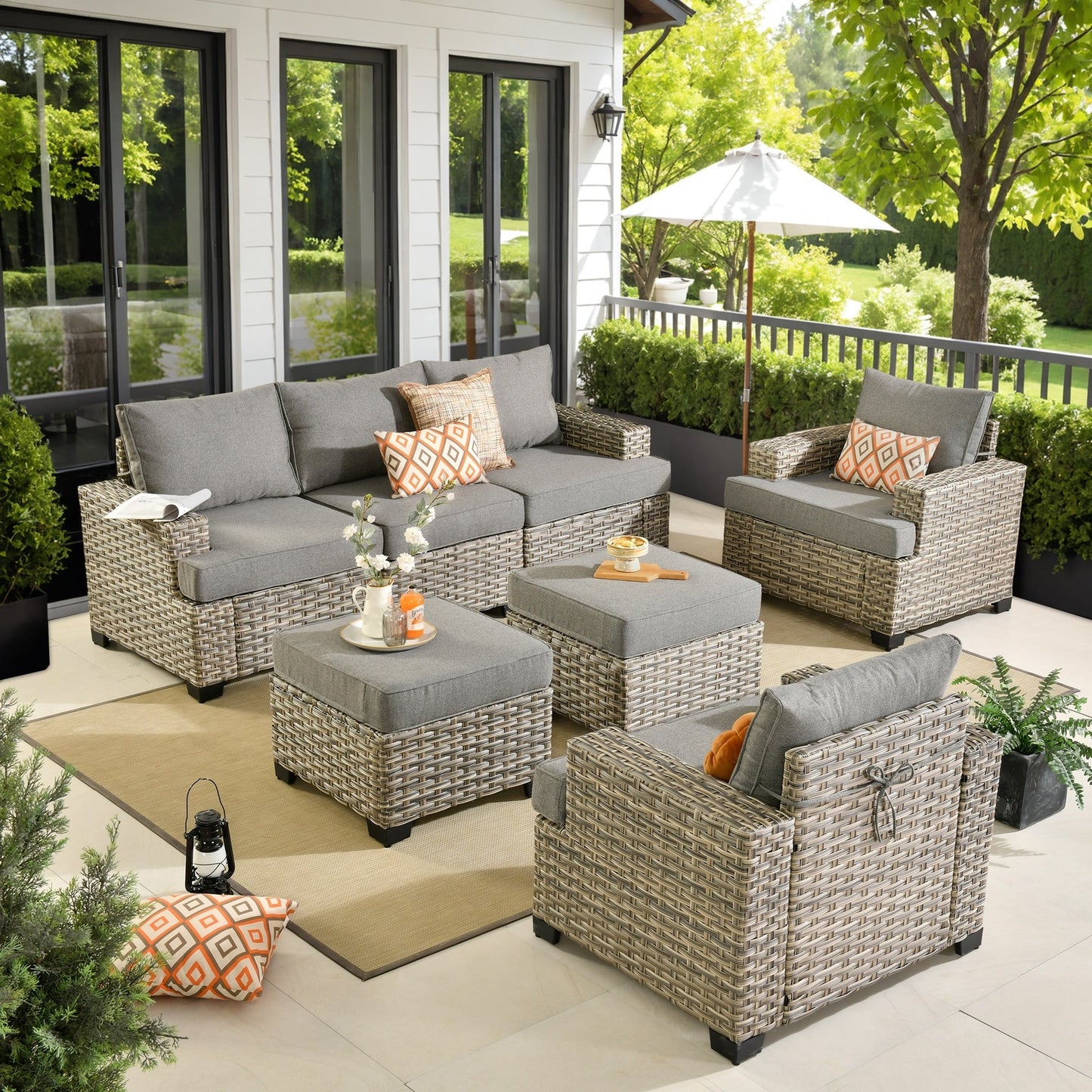 Ensemble de canapés de patio XIZZI 7 pièces avec accoudoirs larges et poufs