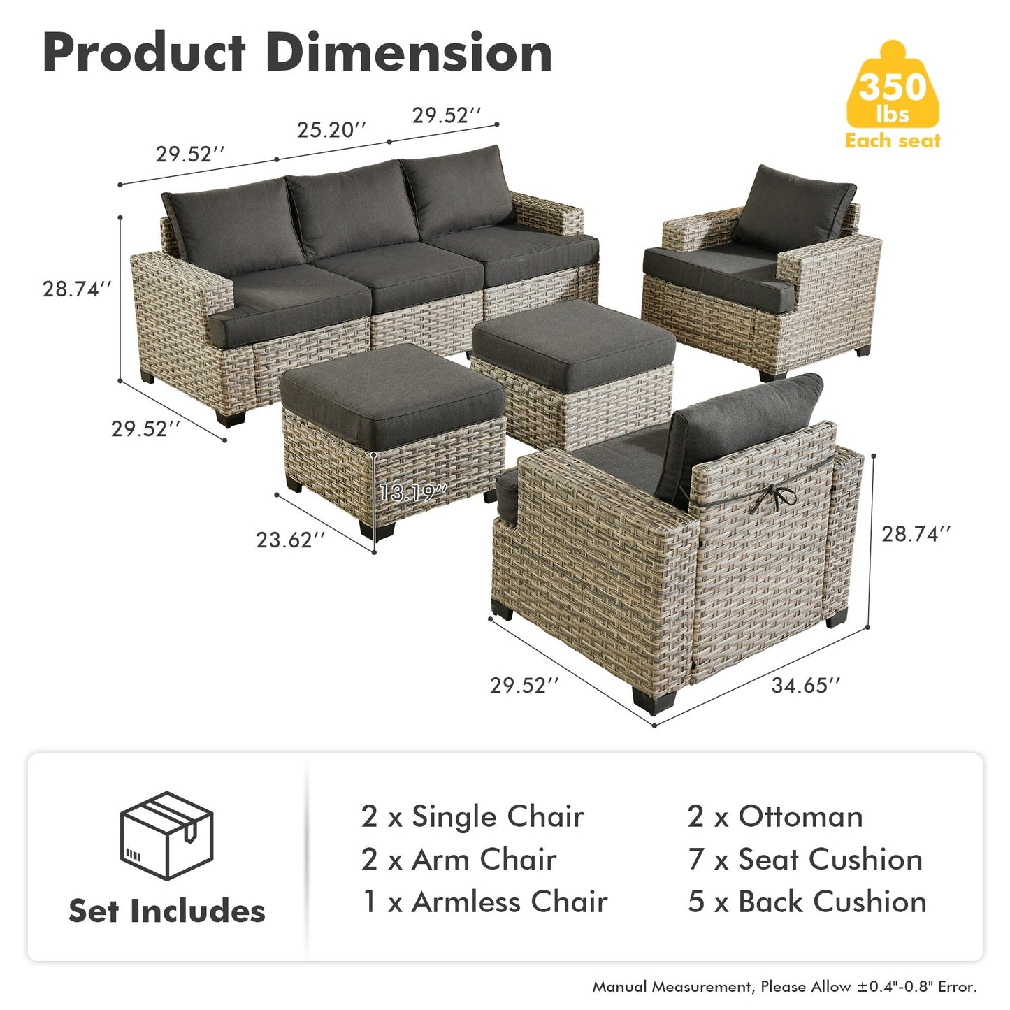 Ensemble de canapés de patio XIZZI 7 pièces avec accoudoirs larges et poufs