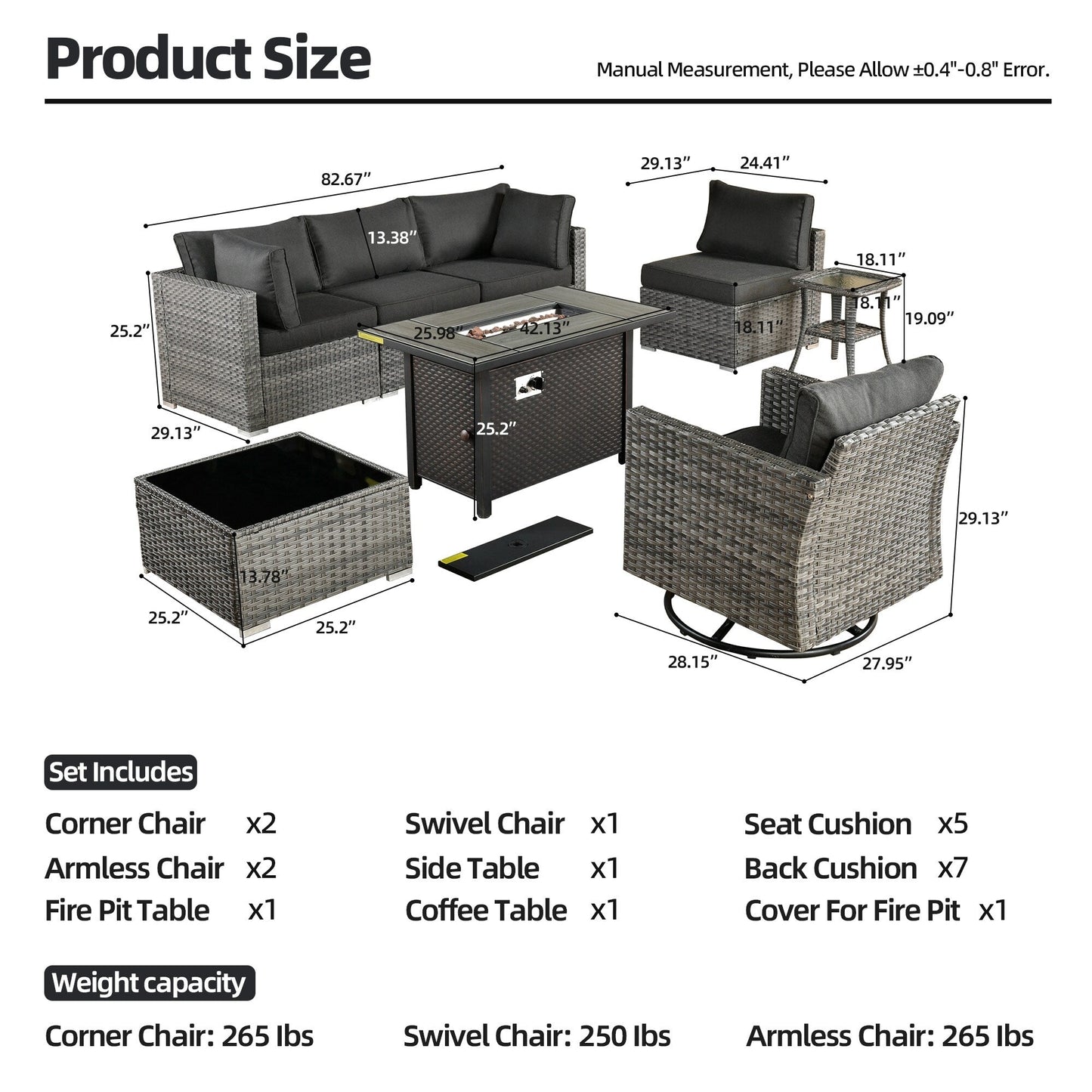 Ensemble de 8 chaises pivotantes en osier pour patio extérieur XIZZI avec table et foyer