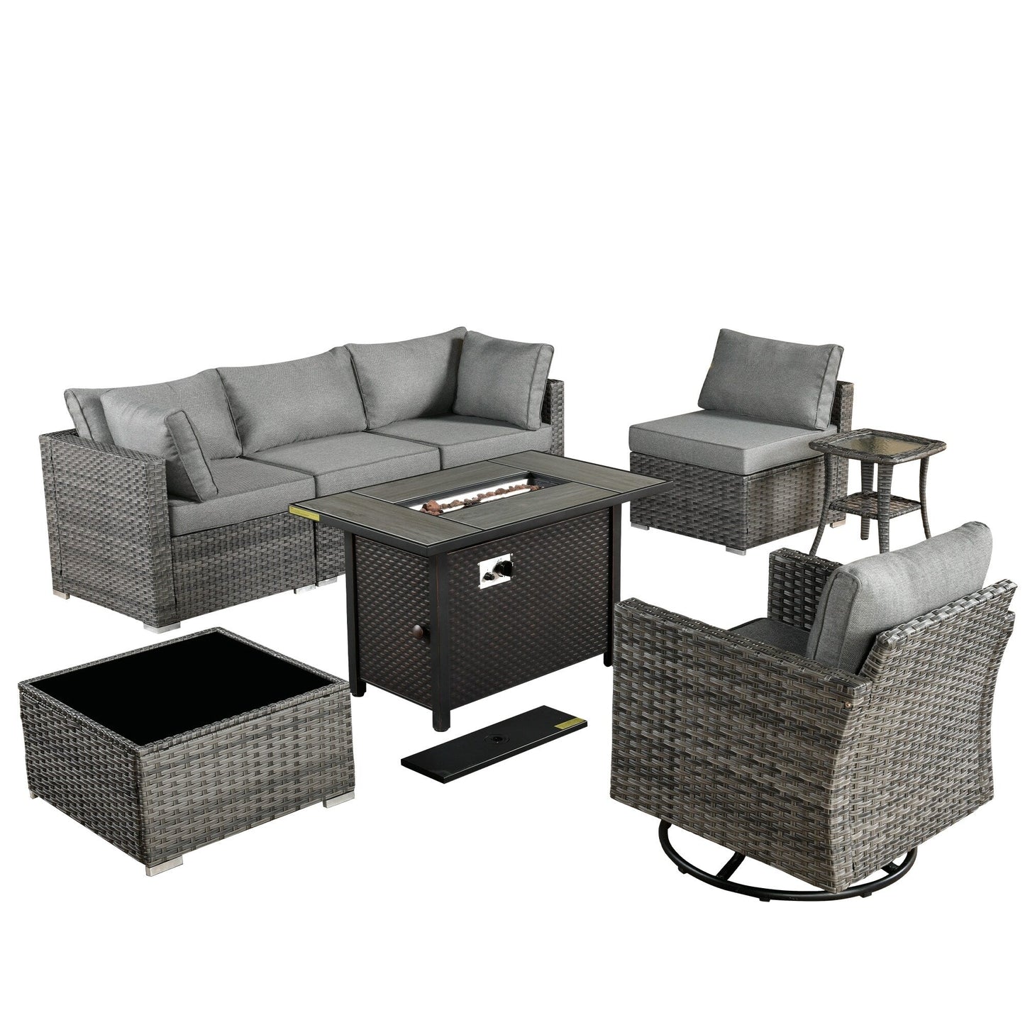 Ensemble de 8 chaises pivotantes en osier pour patio extérieur XIZZI avec table et foyer