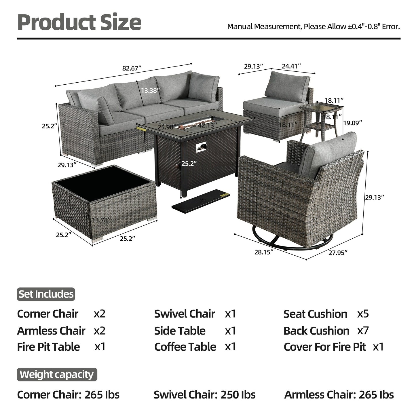 Ensemble de 8 chaises pivotantes en osier pour patio extérieur XIZZI avec table et foyer