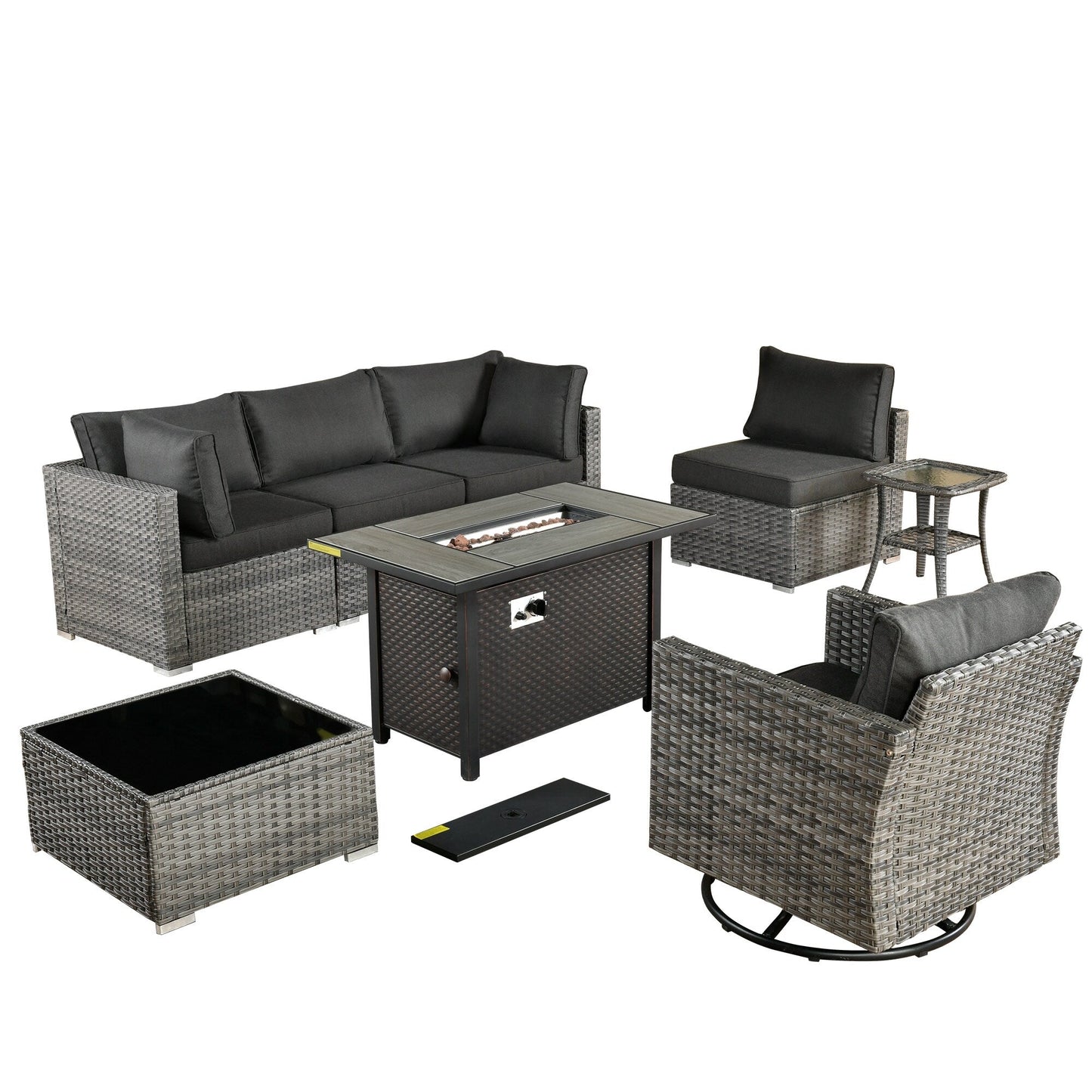 Ensemble de 8 chaises pivotantes en osier pour patio extérieur XIZZI avec table et foyer