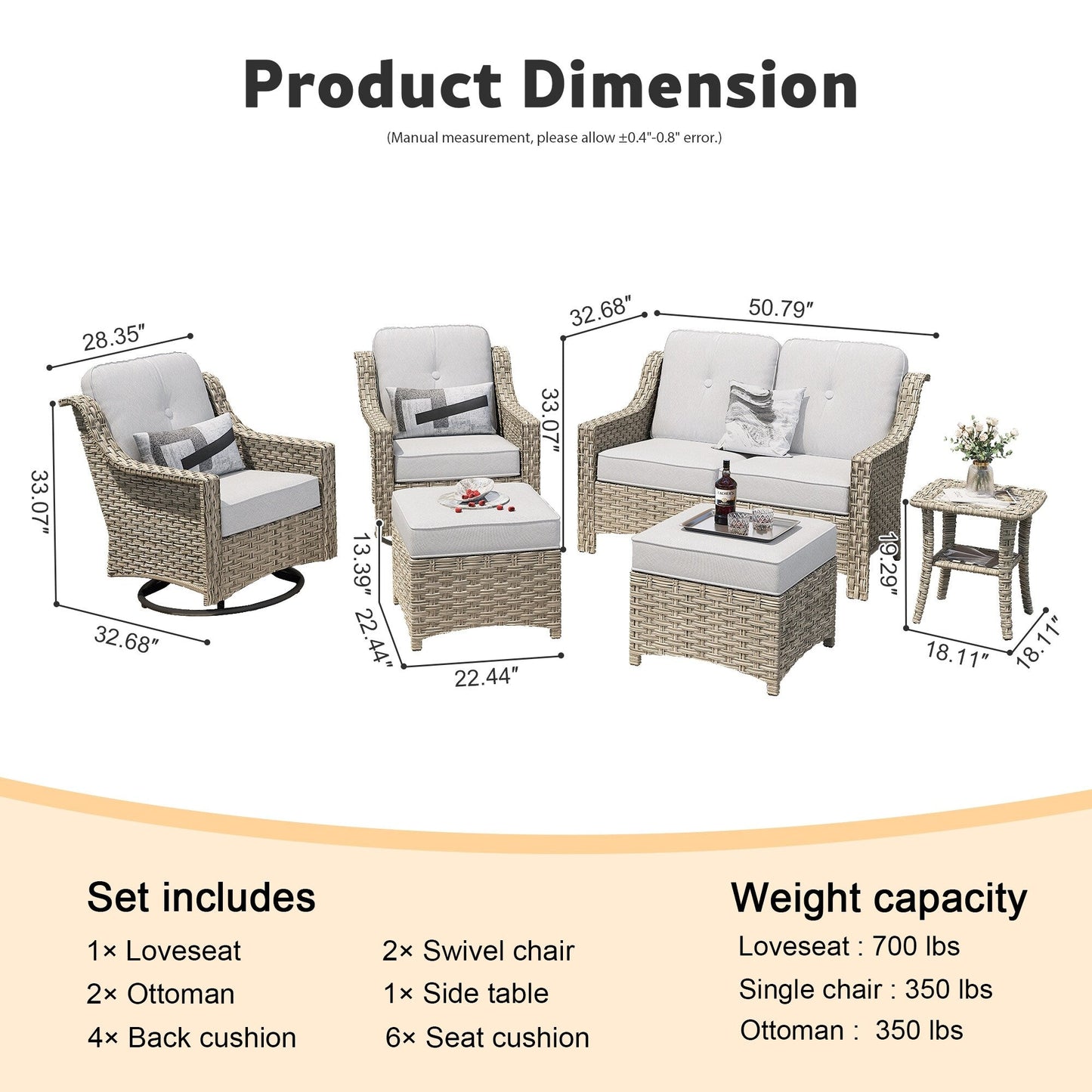 Ensemble de 6 meubles d'extérieur à dossier haut XIZZI avec chaise pivotante