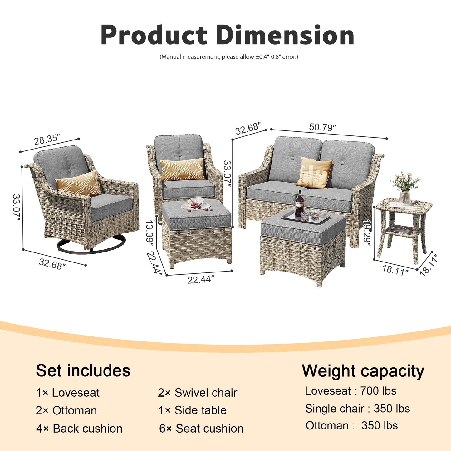 Ensemble de 6 meubles d'extérieur à dossier haut XIZZI avec chaise pivotante