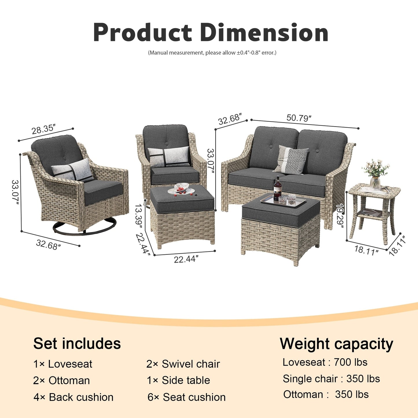 Ensemble de 6 meubles d'extérieur à dossier haut XIZZI avec chaise pivotante