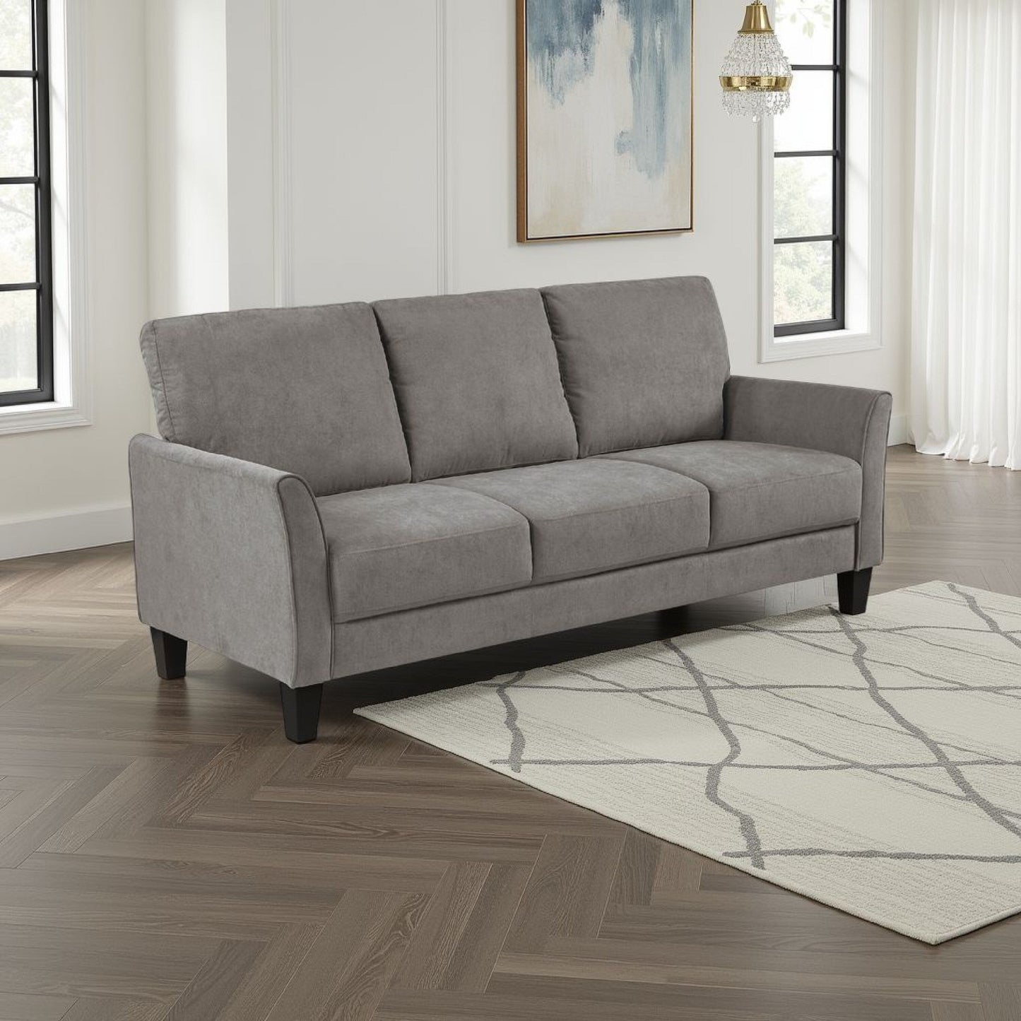 Canapé Xumo, tissu gris taupe, 200 cm, pieds fuselés en bois noir