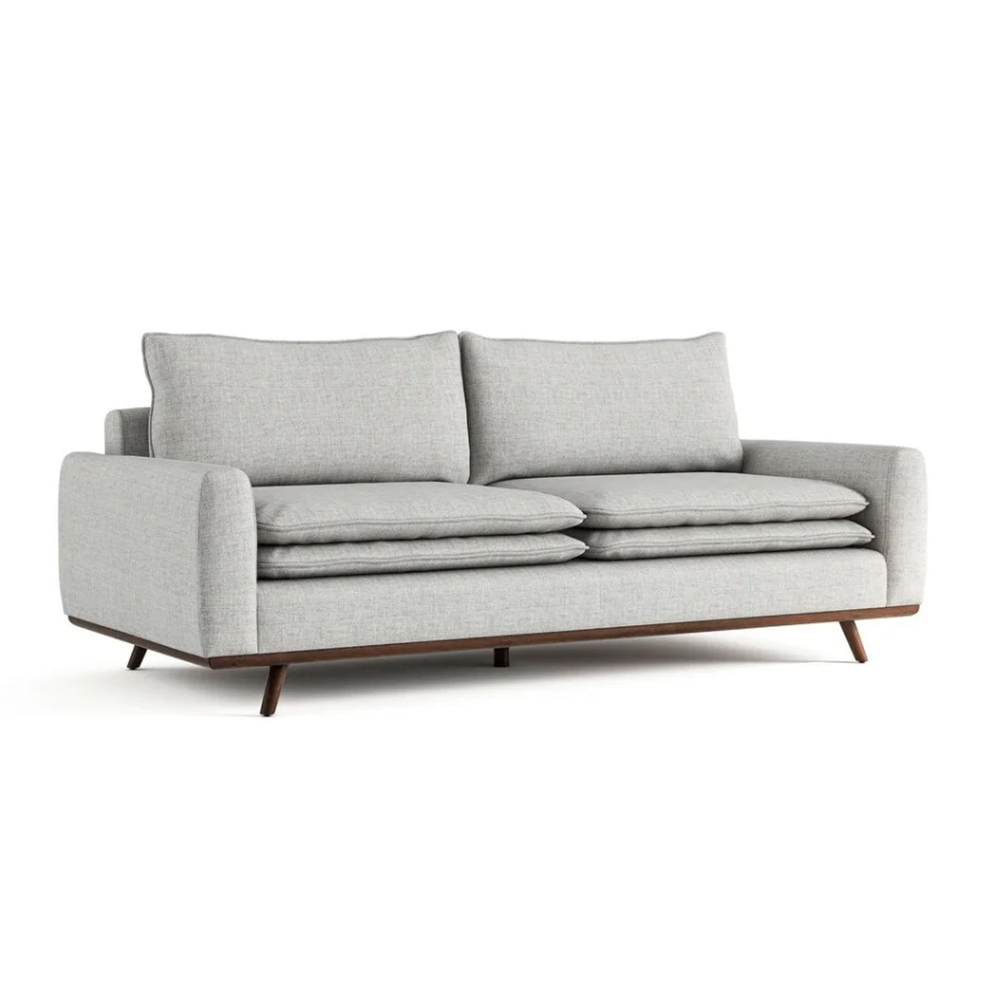 Canapé Yaana avec coussins en plumes mélangées, bois brun foncé, gris, 210 cm